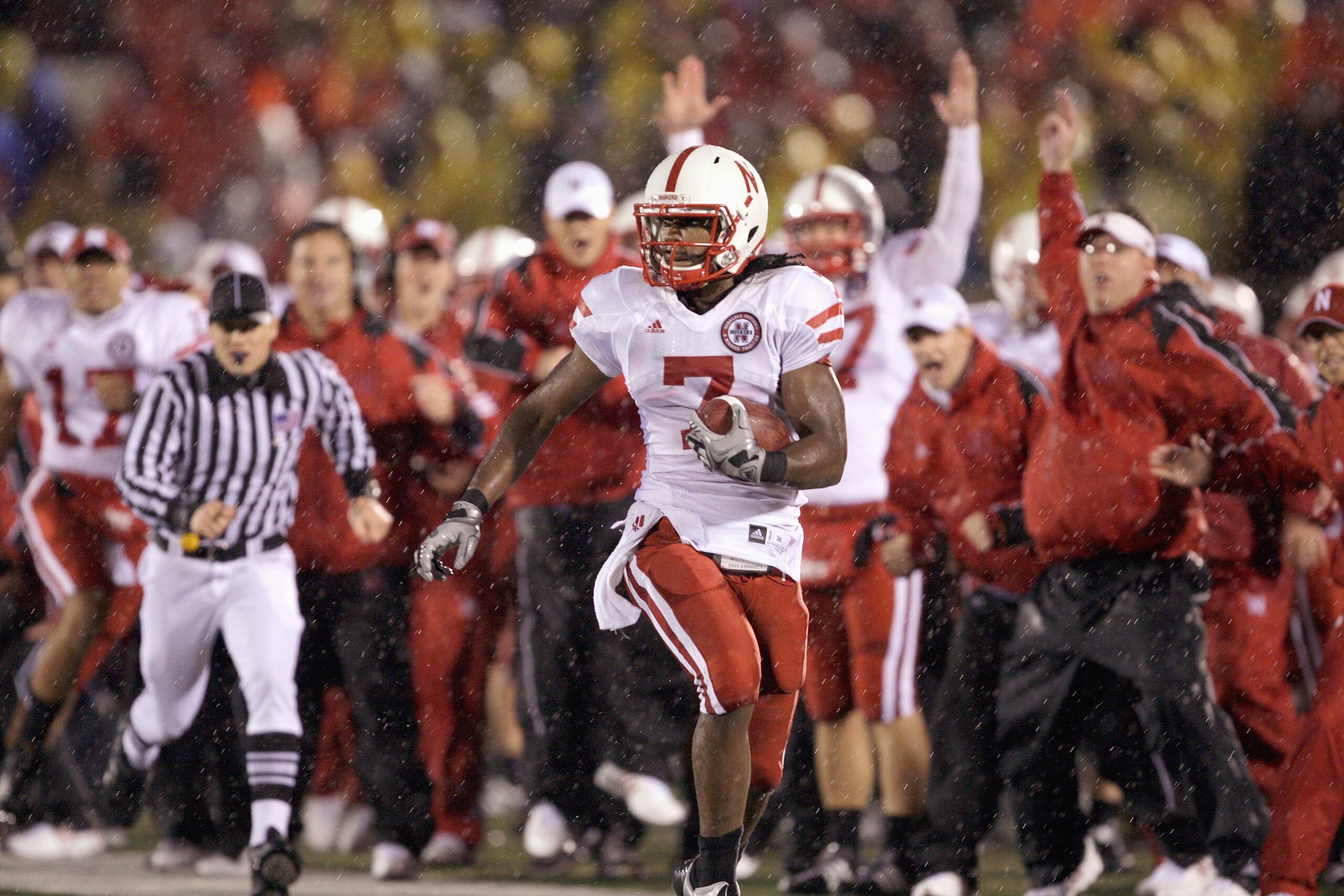 COLUMBIA, MO - OCTOBER 08: Dejon Gomes #7 of the Nebraska Cornhuskers sprints down the sidelines after intercepting a pass during the game against the Missouri Tigers on October 8, 2009 at Faurot Field/Memorial Stadium in Columbia, Missouri. (Photo by Jam