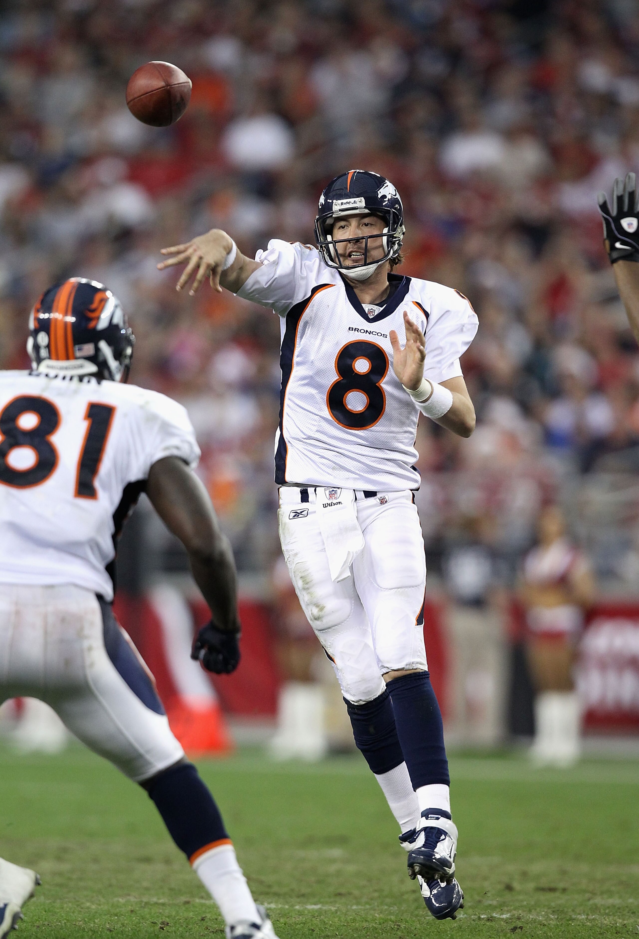 GLENDALE, AZ - DECEMBER 12:  Quarterback Kyle Orton #8 of the Denver Broncos throws a pass during the NFL game against the Arizona Cardinals at the University of Phoenix Stadium on December 12, 2010 in Glendale, Arizona.  The Cardinals defeated the Bronco