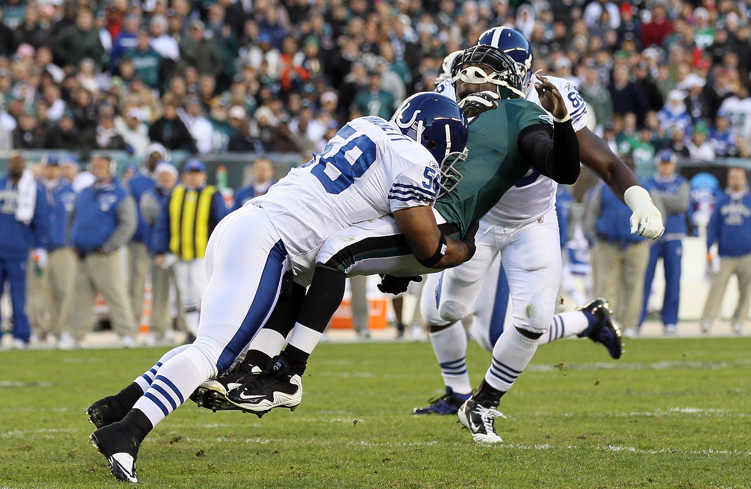 PHILADELPHIA - NOVEMBER 07: Michael Vick #7 of the Philadelphia Eagles is hit hard by Gary Brackett #58 of the Indianapolis Colts after throwing a pass on November 7, 2010 at Lincoln Financial Field in Philadelphia, Pennsylvania. (Photo by Jim McIsaac/G PHILADELPHIA - NOVEMBER 07: Michael Vick #7 of the Philadelphia Eagles is hit hard by Gary Brackett #58 of the Indianapolis Colts after throwing a pass on November 7, 2010 at Lincoln Financial Field in Philadelphia, Pennsylvania. (Photo by Jim McIsaac/G