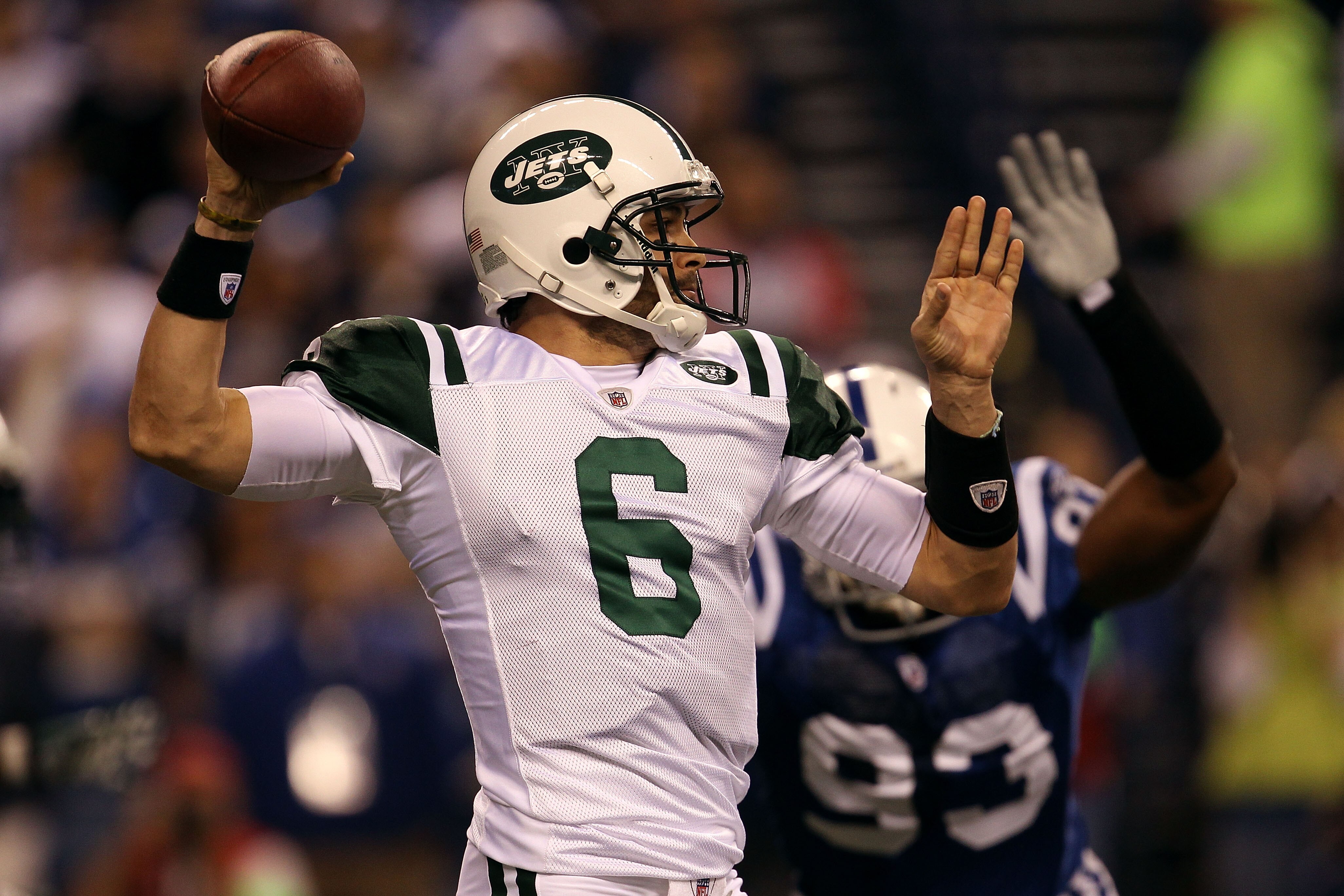 INDIANAPOLIS, IN - JANUARY 08:  Quarterback Mark Sanchez #6 of the New York Jets throws a pass against the Indianapolis Colts during their 2011 AFC wild card playoff game at Lucas Oil Stadium on January 8, 2011 in Indianapolis, Indiana.  (Photo by Jonatha