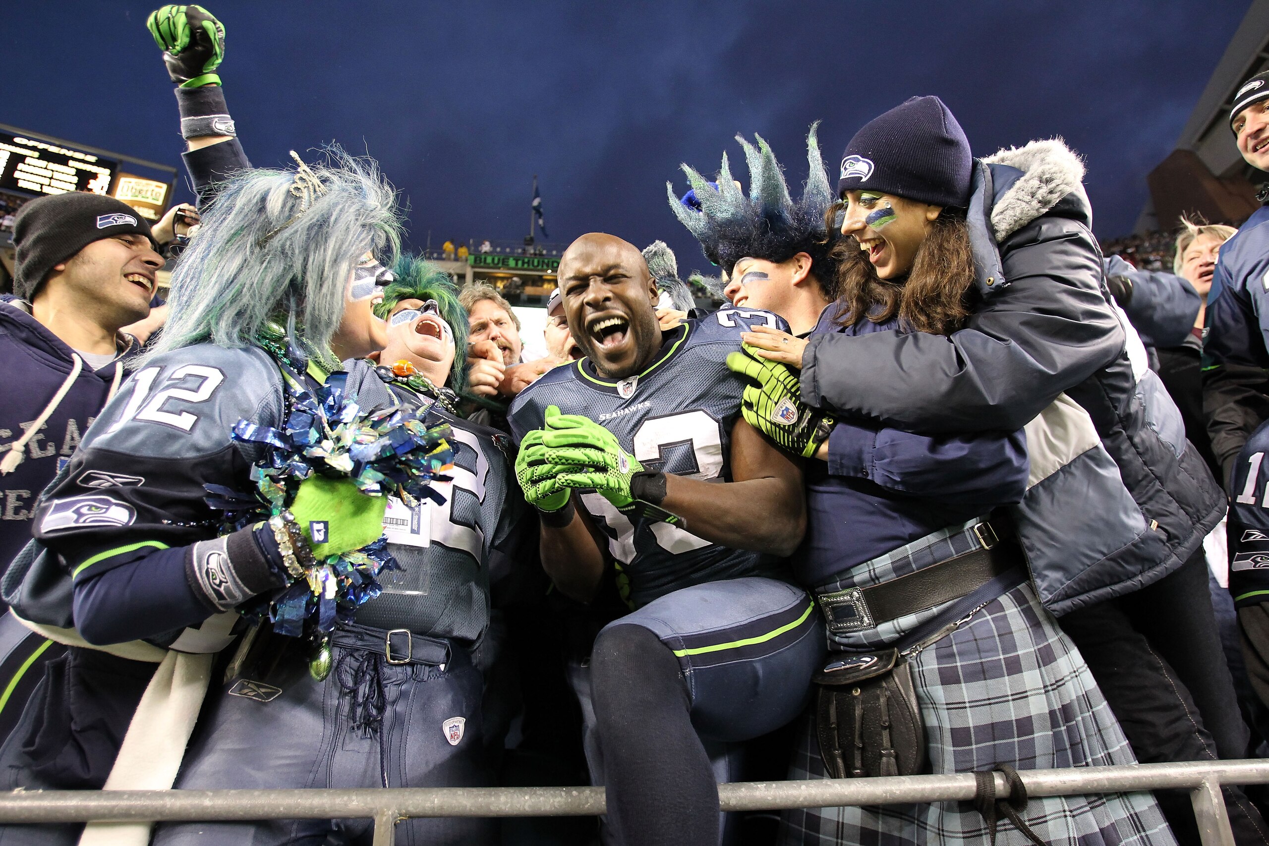 SEATTLE, WA - JANUARY 08:  Leon Washington #33 of the Seattle Seahawks celebrates the Seahawks 41-36 victory against the New Orleans Saints during the 2011 NFC wild-card playoff game at Qwest Field on January 8, 2011 in Seattle, Washington.  (Photo by Jon