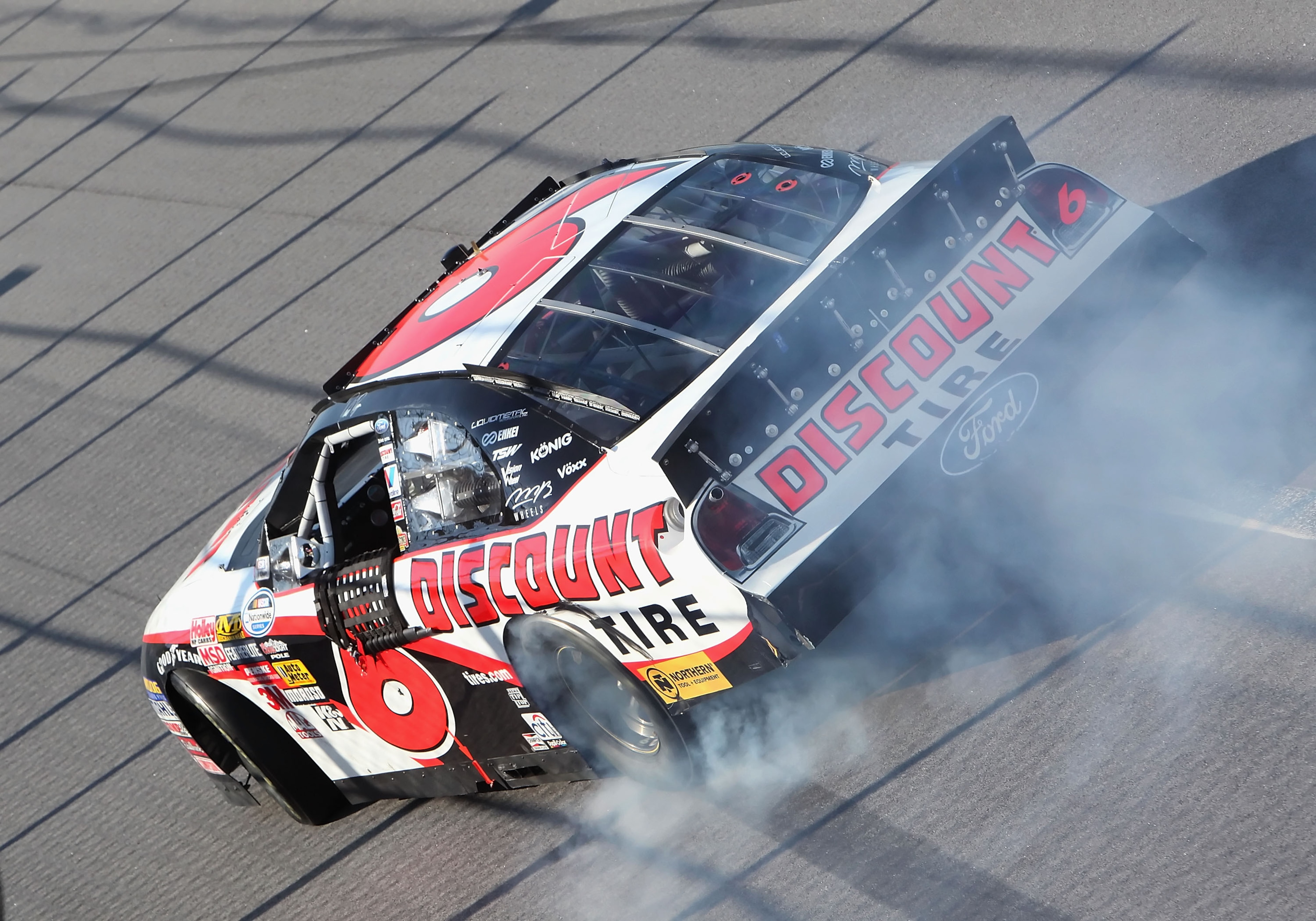 TALLADEGA, AL - APRIL 25: David Ragan, driver of the #6 Discount Tire Ford, performs a burn out after winning the NASCAR Nationwide Series Aaron's 312 at Talladega Superspeedway on April 25, 2009 in Talladega, Alabama. (Photo by Christian Petersen/Getty TALLADEGA, AL - APRIL 25: David Ragan, driver of the #6 Discount Tire Ford, performs a burn out after winning the NASCAR Nationwide Series Aaron's 312 at Talladega Superspeedway on April 25, 2009 in Talladega, Alabama. (Photo by Christian Petersen/Getty
