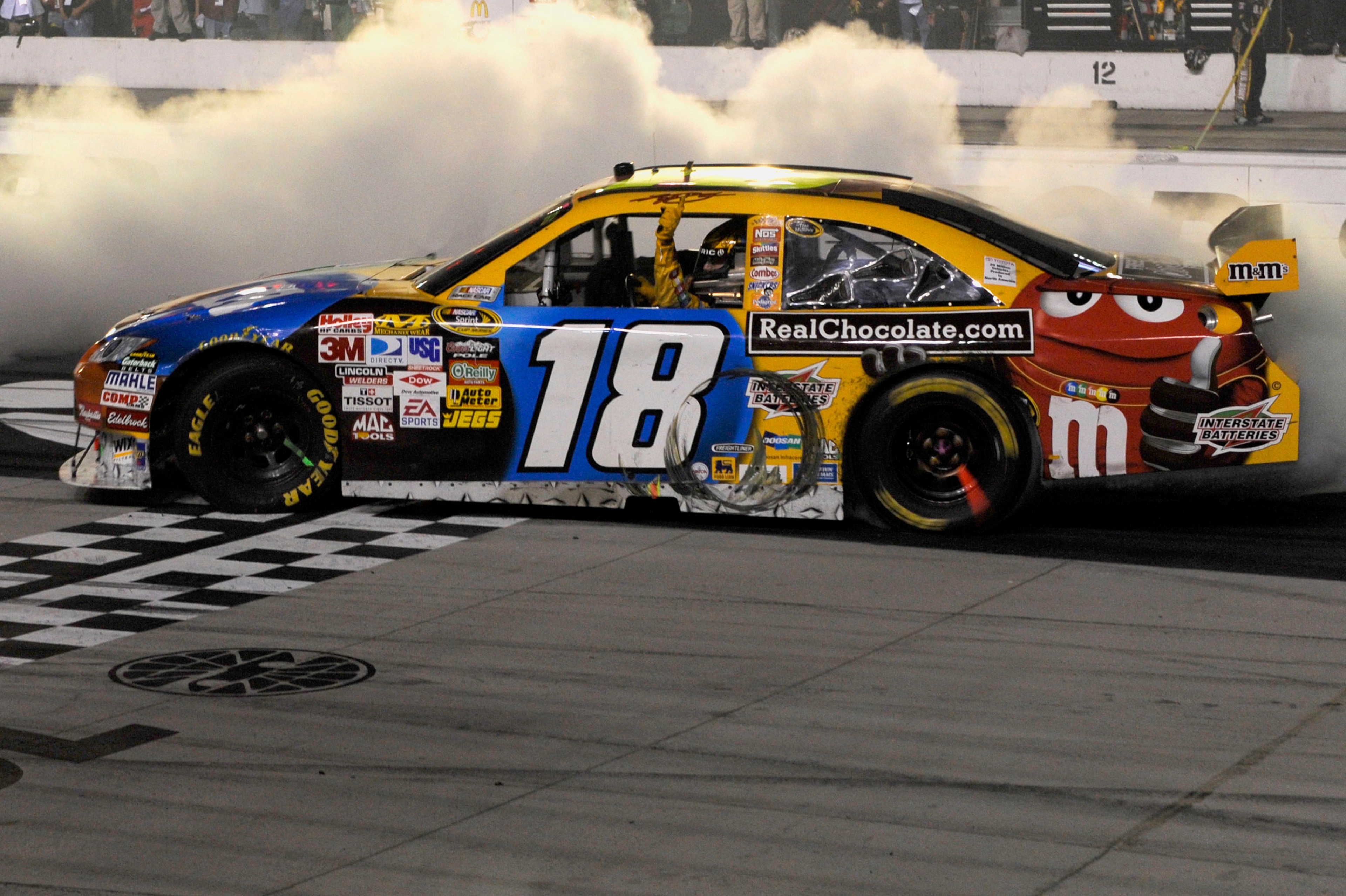 BRISTOL, TN - AUGUST 22: Kyle Busch, driver of the #18 M&M's Toyota, does a burnout after winning the NASCAR Sprint Cup Series Sharpie 500 at Bristol Motor Speedway on August 22, 2009 in Bristol, Tennessee. (Photo by John Harrelson/Getty Images) BRISTOL, TN - AUGUST 22: Kyle Busch, driver of the #18 M&M's Toyota, does a burnout after winning the NASCAR Sprint Cup Series Sharpie 500 at Bristol Motor Speedway on August 22, 2009 in Bristol, Tennessee. (Photo by John Harrelson/Getty Images)