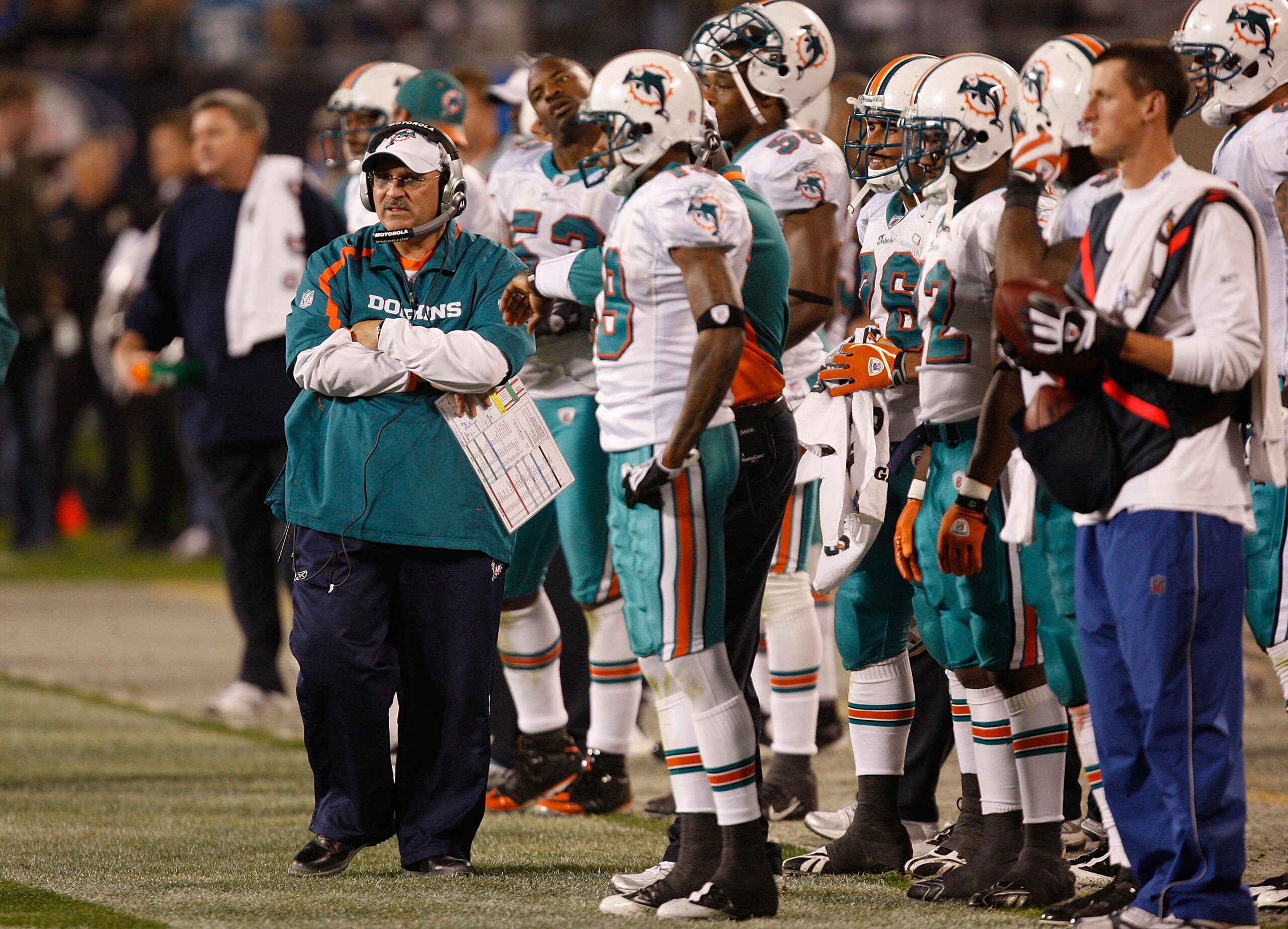 CHARLOTTE, NC - NOVEMBER 19:  Head coach Tony Sparano of the Miami Dolphins walks the sidelines against the Carolina Panthers during their game at Bank of America Stadium on November 19, 2009 in Charlotte, North Carolina.  (Photo by Streeter Lecka/Getty I