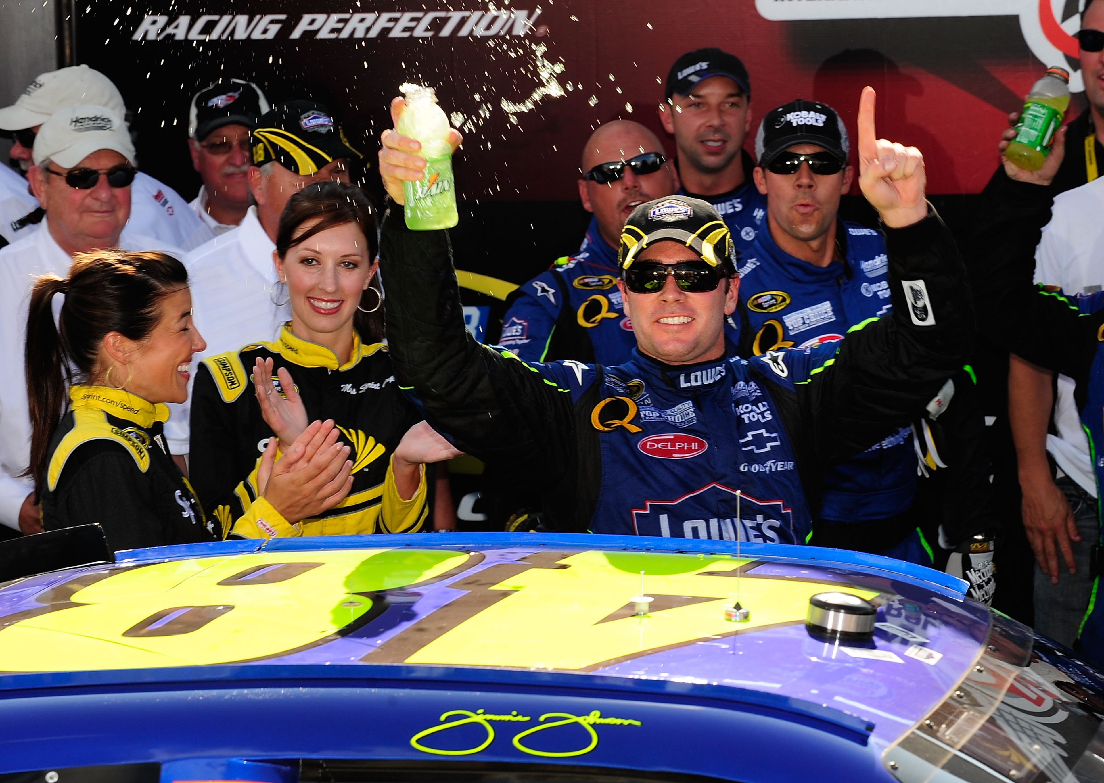 RICHMOND, VA - SEPTEMBER 07: Jimmie Johnson, driver of the #48 Lowes Chevrolet celebrates winning the NASCAR Sprint Cup Series Chevy Rock & Roll 400 at Richmond International Raceway on September 7, 2008 in Richmond, Virginia. (Photo by Rusty Jarrett/Ge RICHMOND, VA - SEPTEMBER 07: Jimmie Johnson, driver of the #48 Lowes Chevrolet celebrates winning the NASCAR Sprint Cup Series Chevy Rock & Roll 400 at Richmond International Raceway on September 7, 2008 in Richmond, Virginia. (Photo by Rusty Jarrett/Ge