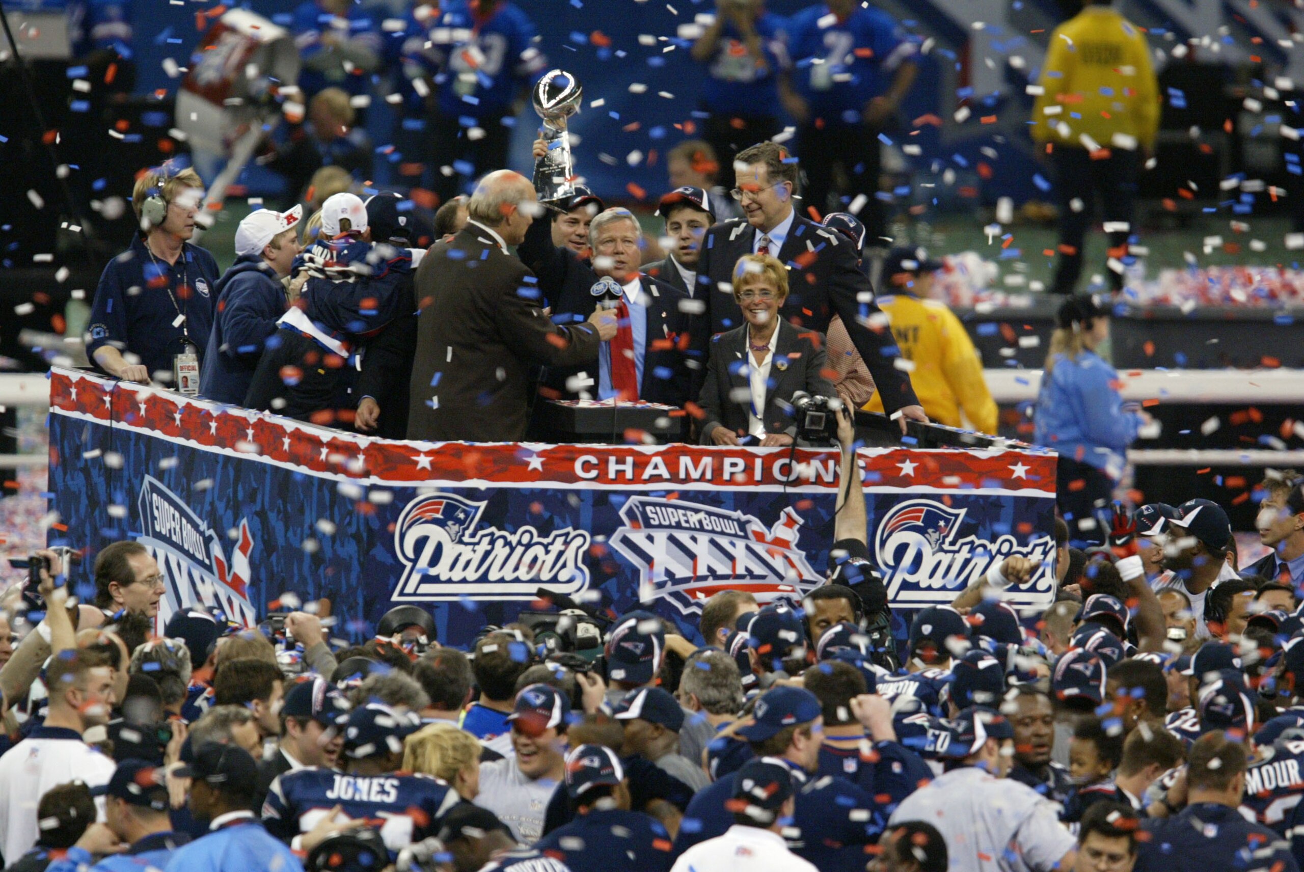 03 Feb 2002:   Owner/chairman Bob Kraft of the New England Patriots accepts the trophy during post-game celebration of Superbowl XXXVI at the Superdome in New Orleans, Louisiana.  The Patriots defeated the Rams 20-17. DIGITAL IMAGE. Mandatory Credit: Al B