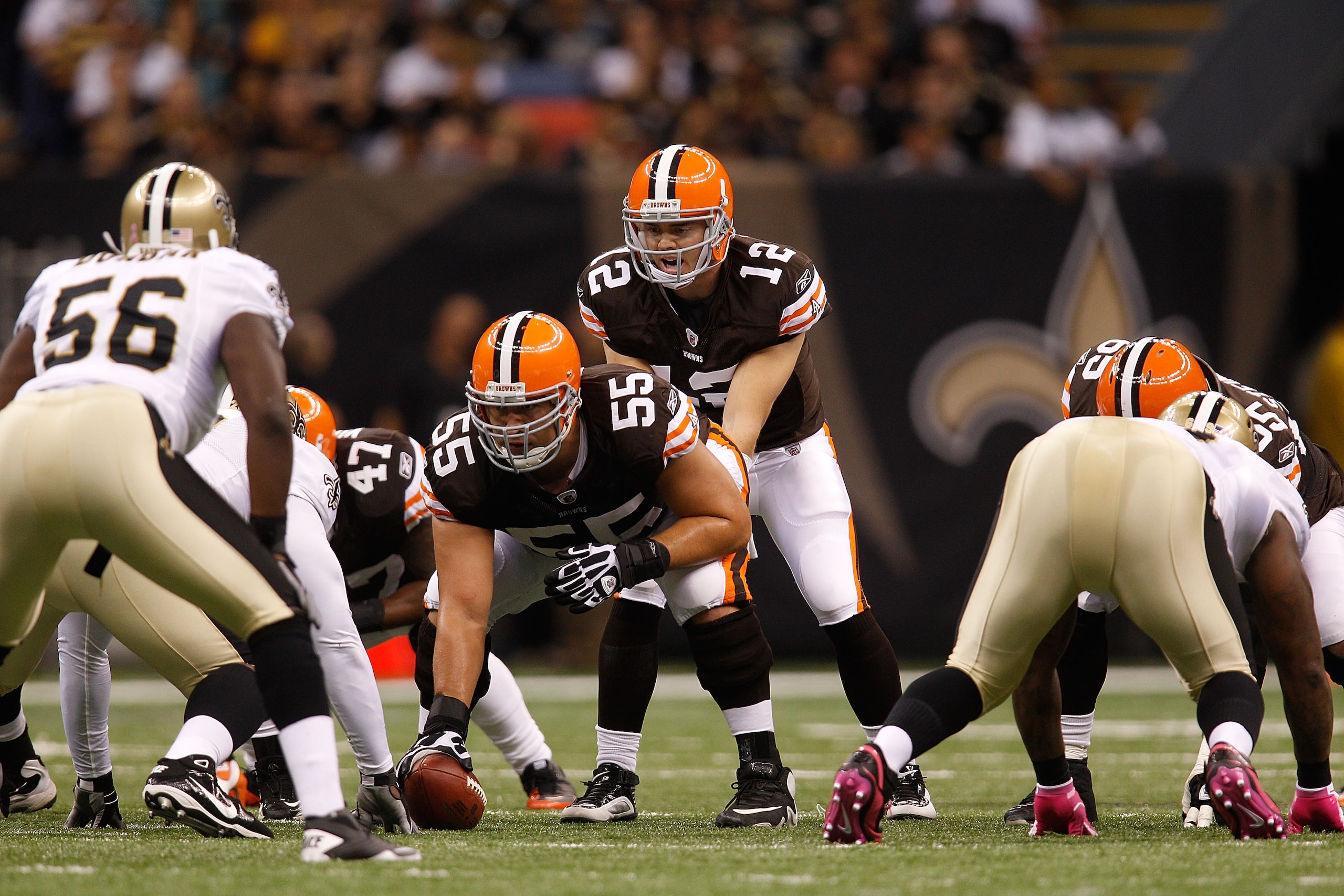 NEW ORLEANS - OCTOBER 24:  Colt McCoy #12 of the Cleveland Browns in action against the New Orleans Saints at the Louisiana Superdome on October 24, 2010 in New Orleans, Louisiana.  (Photo by Chris Graythen/Getty Images)