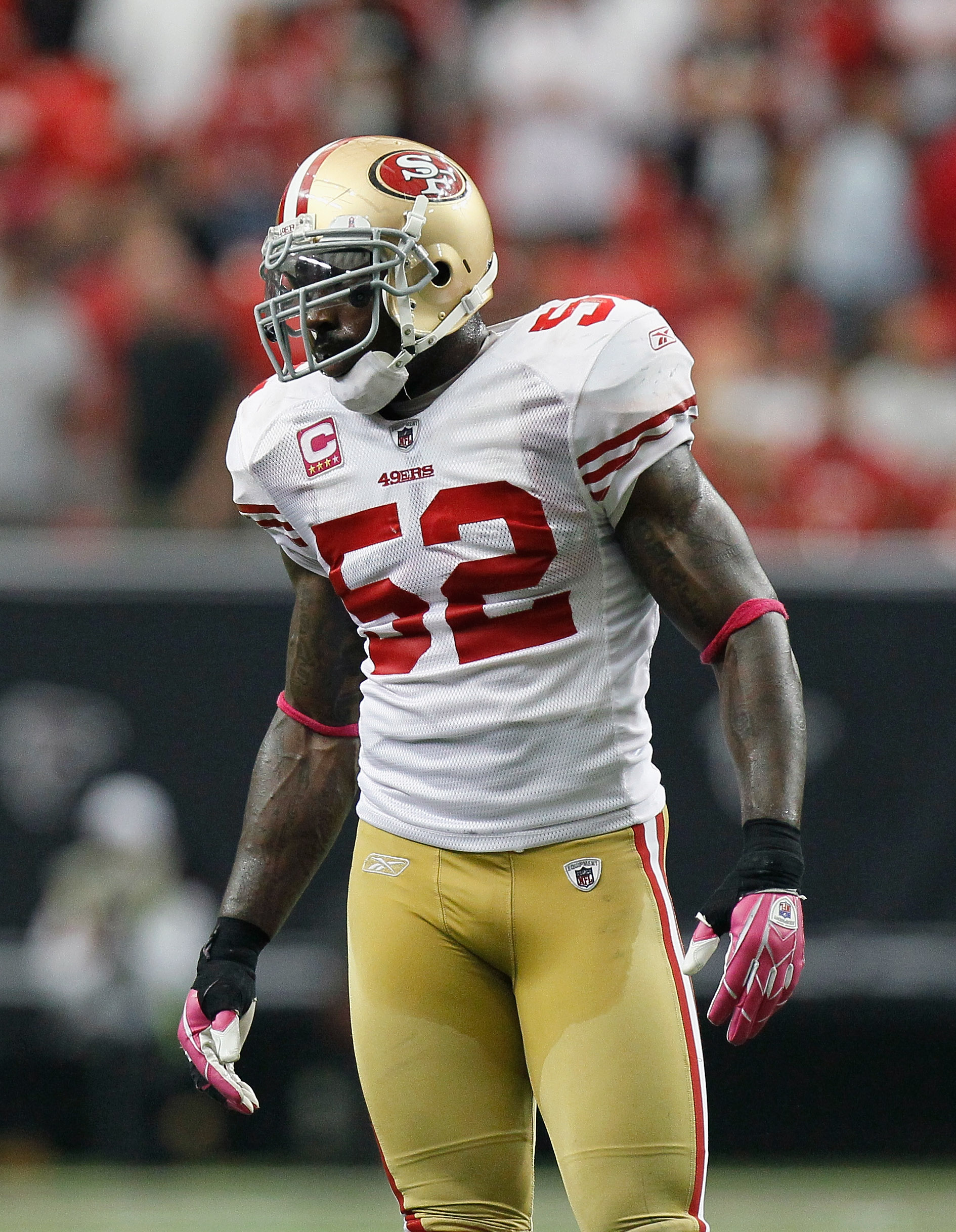 San Francisco, California, USA. 19th Nov, 2012. San Francisco 49ers inside  linebacker Patrick Willis (52) happy about game outcome on Monday at  Candlestick Park in San Francisco, CA. The 49ers beat the