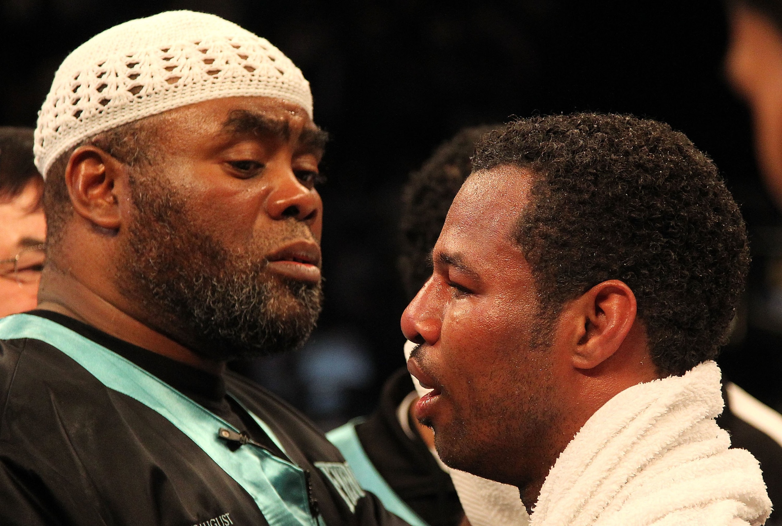 LAS VEGAS - MAY 01:  Shane Mosley speaks with his trainer Naazim Richardson after his fight against Floyd Mayweather Jr. at a welterweight fight at the MGM Grand Garden Arena on May 1, 2010 in Las Vegas, Nevada.  (Photo by Jed Jacobsohn/Getty Images)