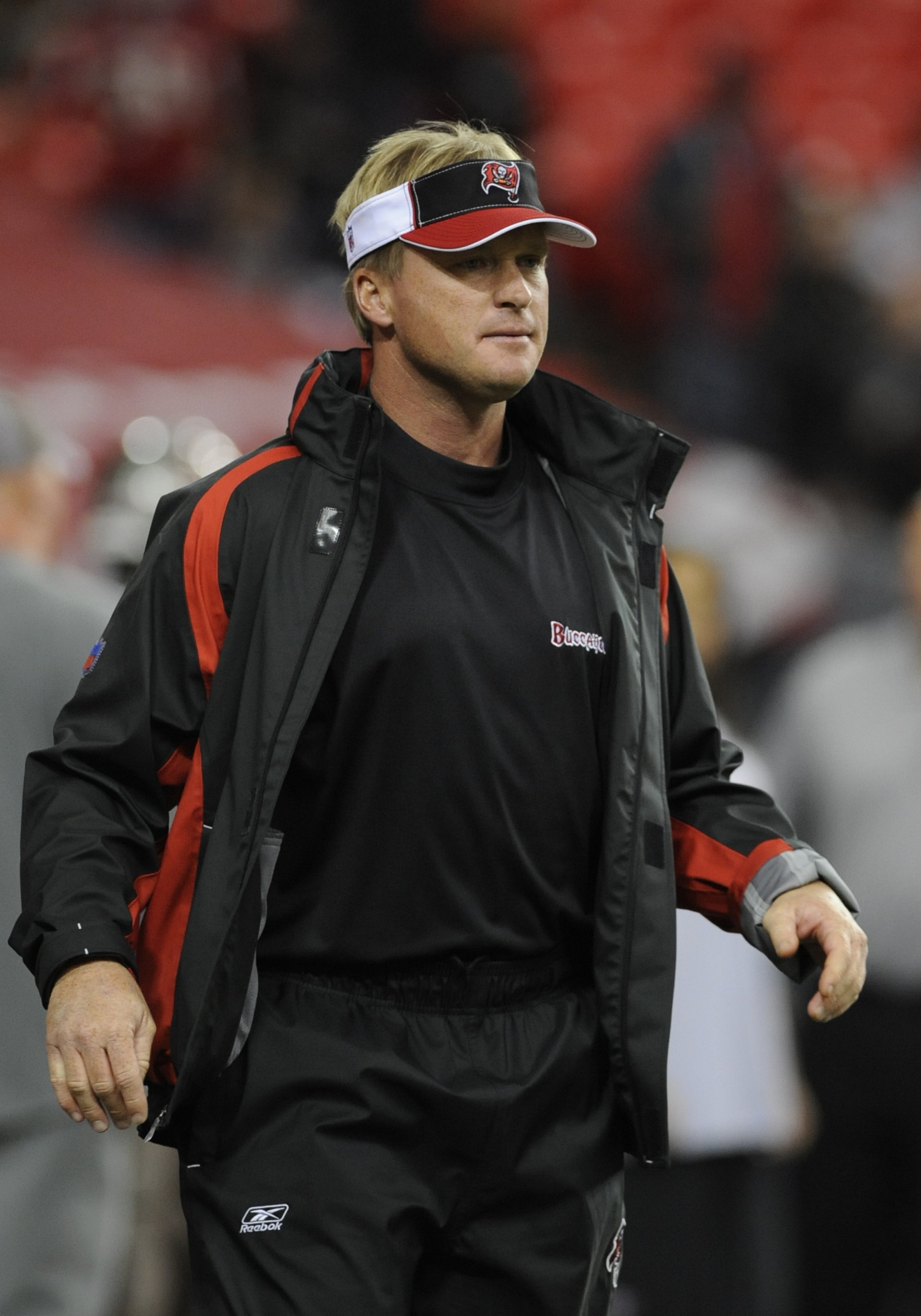 ATLANTA - DECEMBER 14: Coach Jon Gruden of the Tampa Bay Buccaneers directs play against the Atlanta Falcons at the Georgia Dome on December 14, 2008 in Atlanta, Georgia.  (Photo by Al Messerschmidt/Getty Images)
