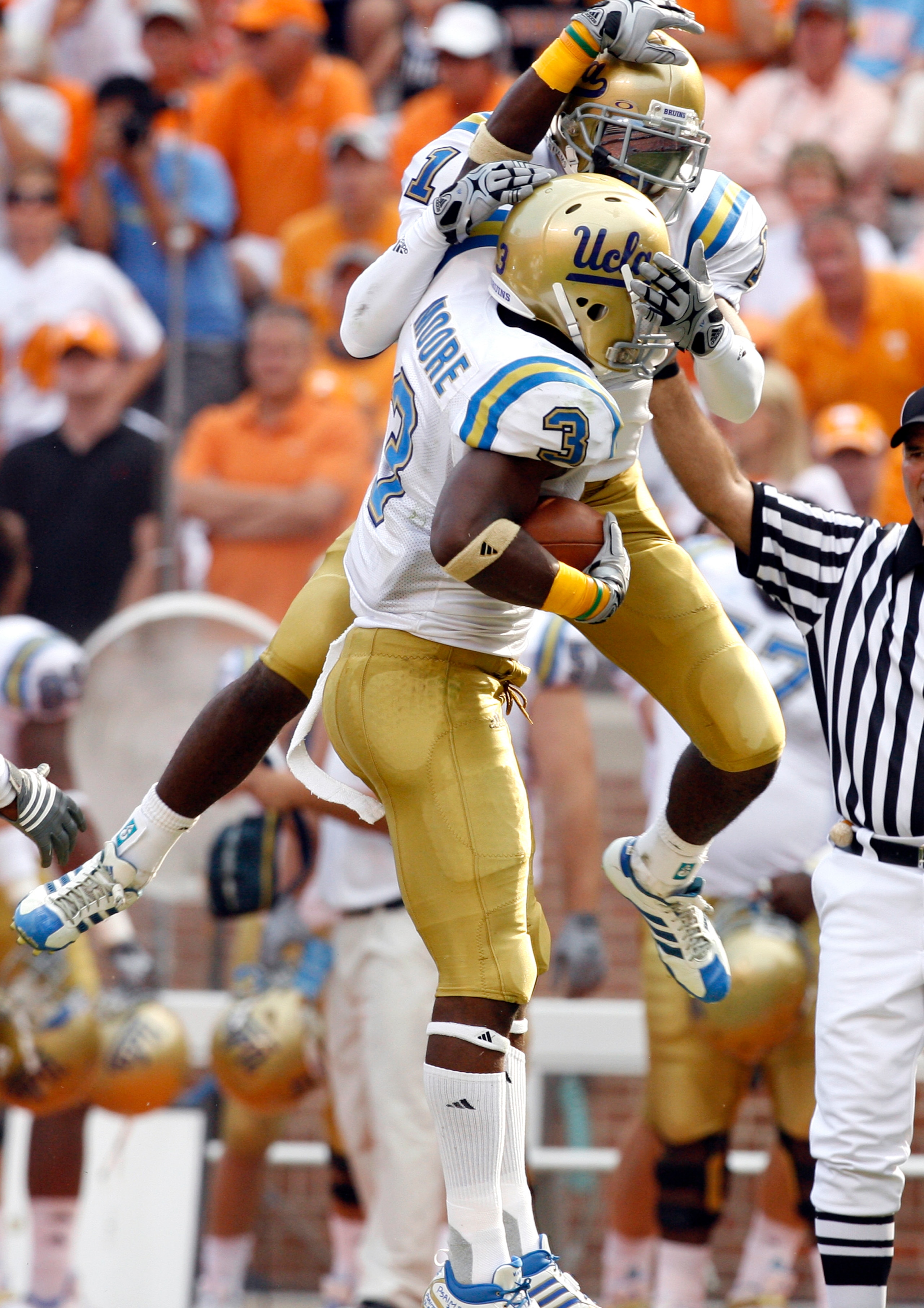 KNOXVILLE, TN - SEPTEMBER 12: Alterraun Verner #1 celebrates the interception by Rahim Moore #3 of the UCLA Bruins against the Tennessee Volunteers on September 12, 2009 at Neyland Stadium in Knoxville, Tennessee. (Photo by Joe Murphy/Getty Images)