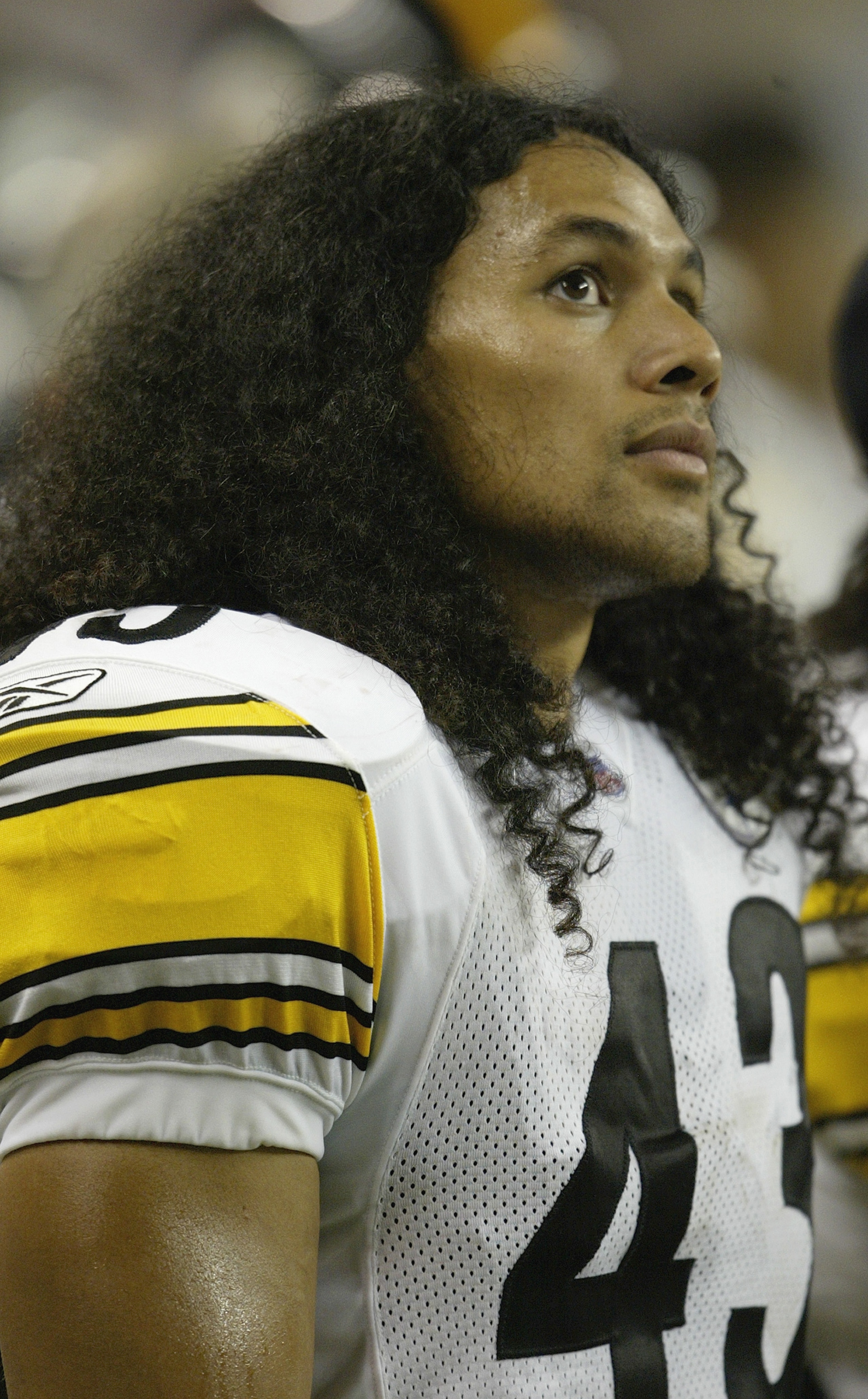 DETROIT - AUGUST 14:  Troy Polamalu #43 of the Pittsburgh Steelers looks on from the sidelines during the game against the Detroit Lions at Ford Field on August 14, 2004 in Detroit, Michigan. The Lions beat the Steelers 27-21. (Photo by Tom Pidgeon/Getty
