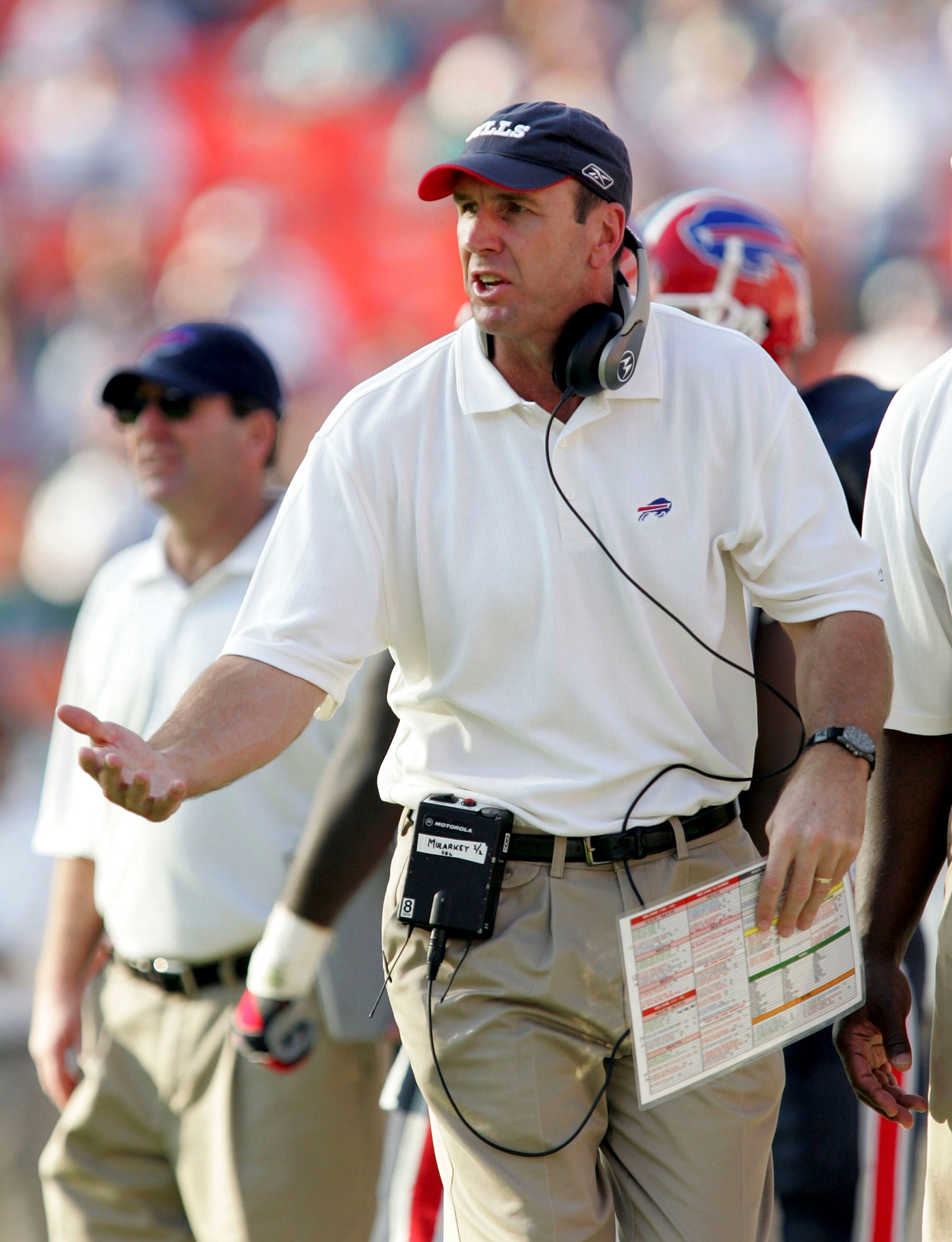 MIAMI - DECEMBER 04: Head coach Mike Mularkey of the Buffalo Bills yells toward the officials in the second half against the Miami Dolphins on December 4, 2005 at Dolphins Stadium in Miami, Florida.  (Photo by Doug Benc/Getty Images)