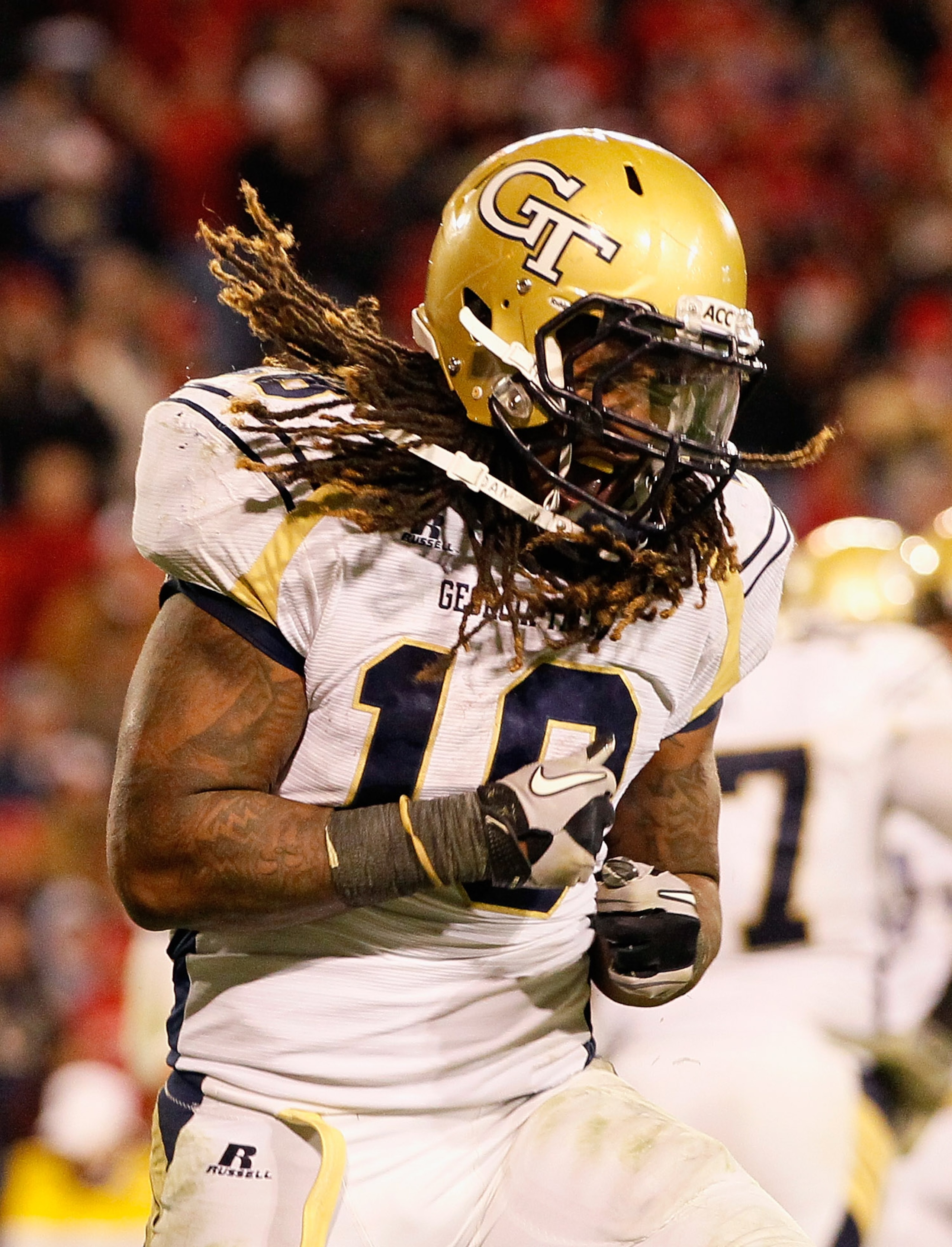 ATHENS, GA - NOVEMBER 27:  Anthony Allen #18 of the Georgia Tech Yellow Jackets reacts after scoring a touchdown against the Georgia Bulldogs at Sanford Stadium on November 27, 2010 in Athens, Georgia.  (Photo by Kevin C. Cox/Getty Images)