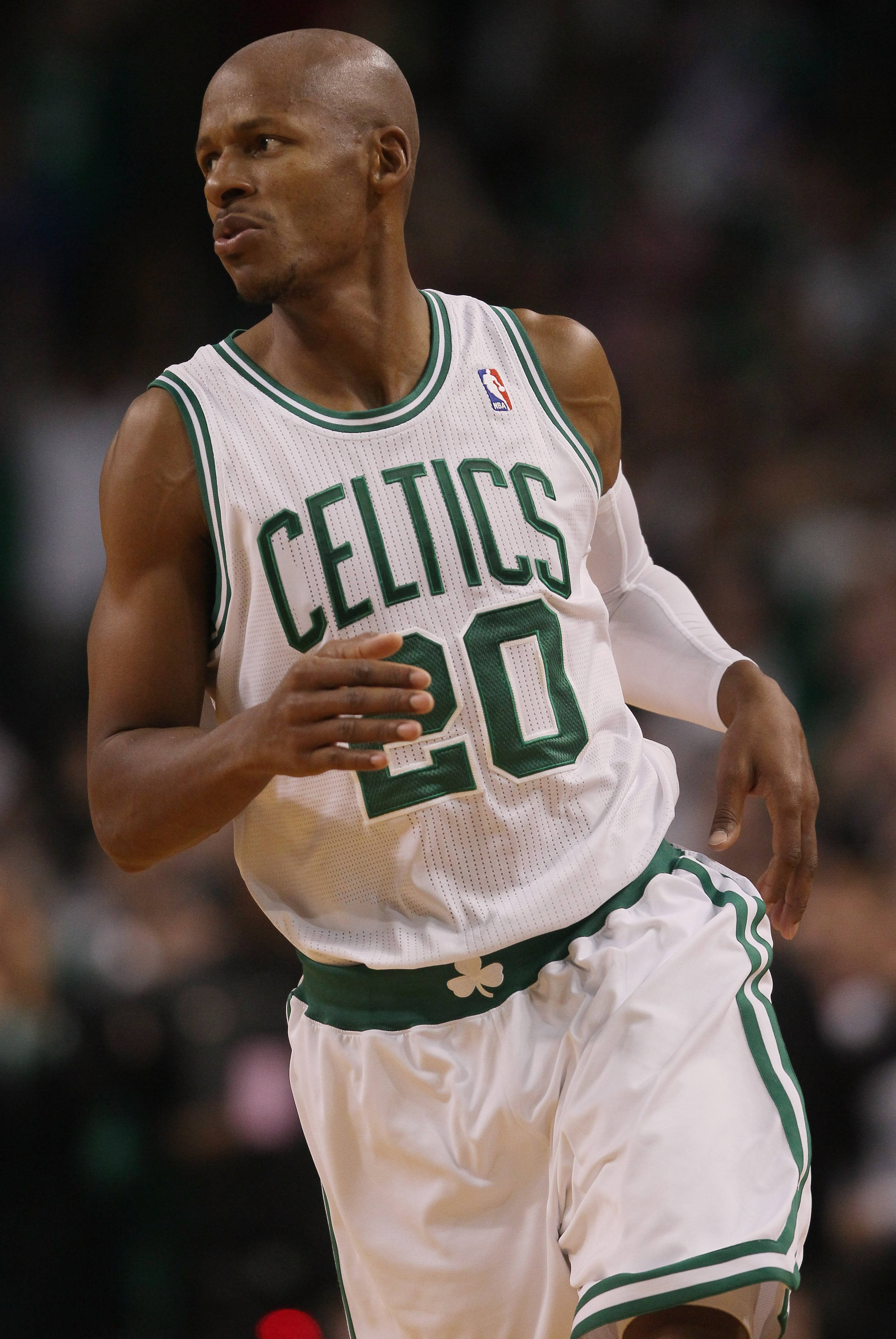BOSTON - NOVEMBER 05:  Ray Allen #20 of the Boston Celtics celebrates his dunk in overtime against the Chicago Bulls on November 5, 2010 at the TD Garden in Boston, Massachusetts. The Celtics defeated the Bulls 110-105 in overtime. NOTE TO USER: User expr