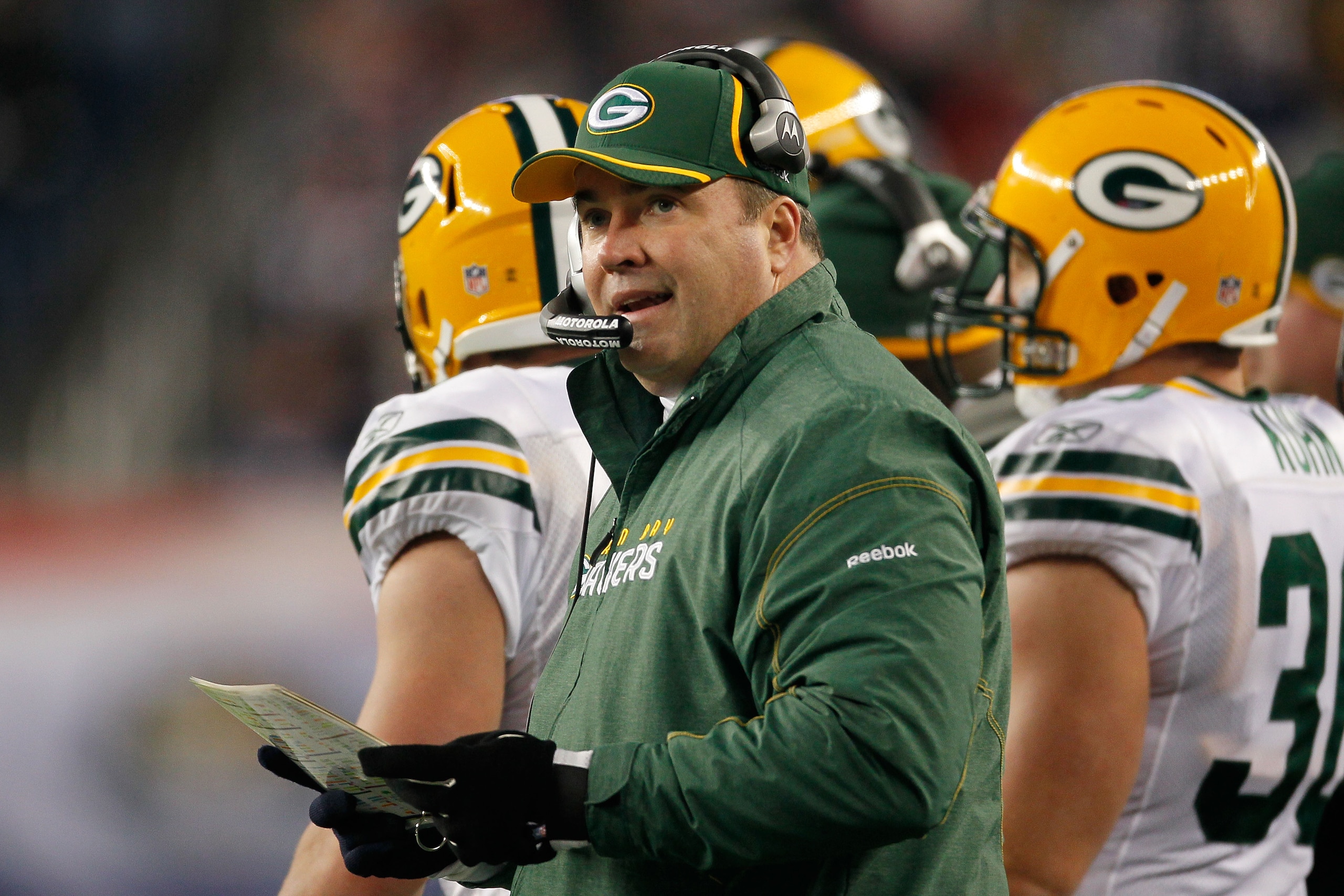 FOXBORO, MA - DECEMBER 19:  Mike McCarthy, head coach of the Green Bay Packers, looks on during the third quarter of the game against the New England Patriots at Gillette Stadium on December 19, 2010 in Foxboro, Massachusetts.  (Photo by Jim Rogash/Getty