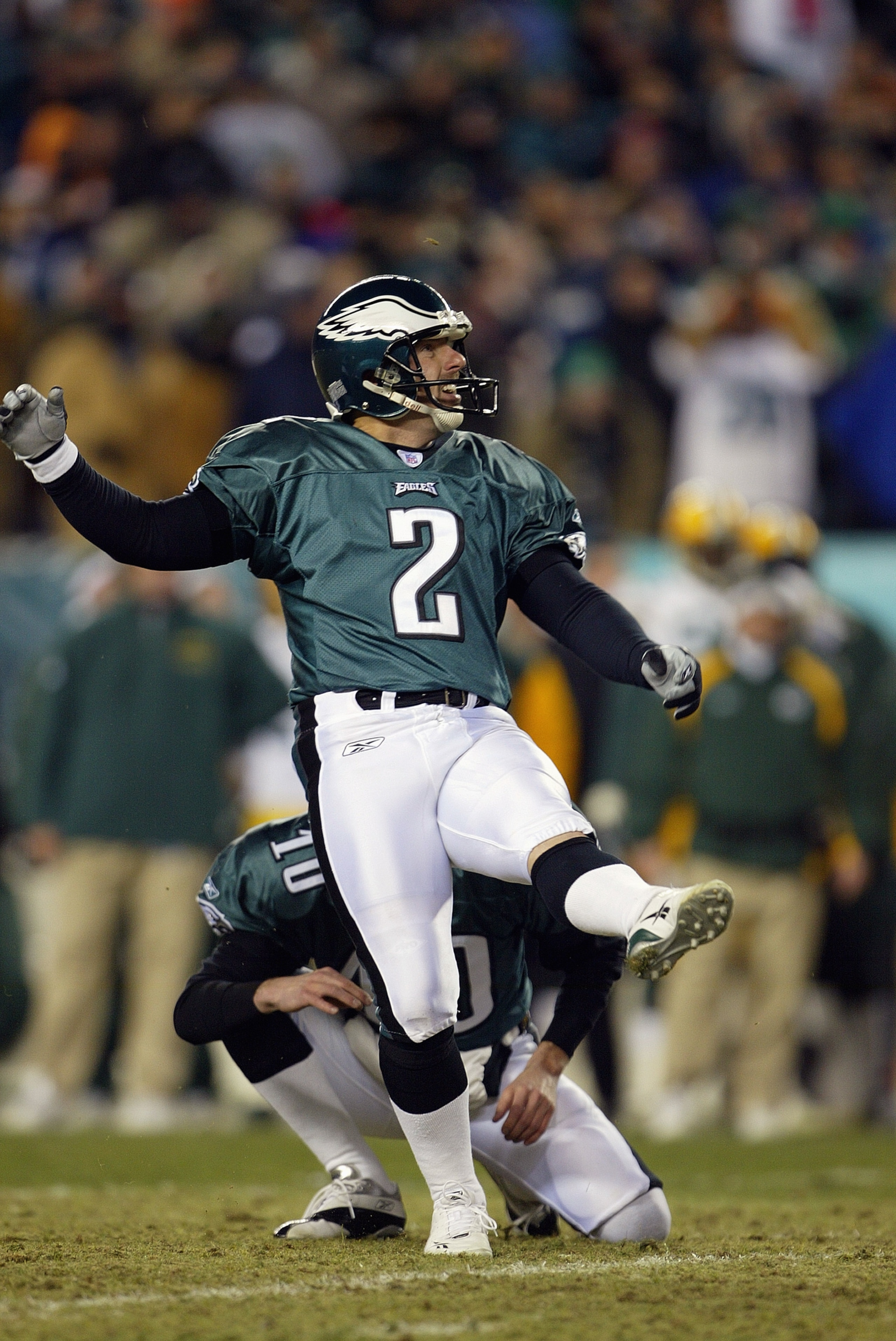 PHILADELPHIA - JANUARY 11:  Kicker David Akers #2 of the Philadelphia Eagles kicks the ball during the game against the Green Bay Packers in the NFC divisional playoffs on January 11, 2004 at Lincoln Financial Field in Philadelphia, Pennsylvania.   The Ea