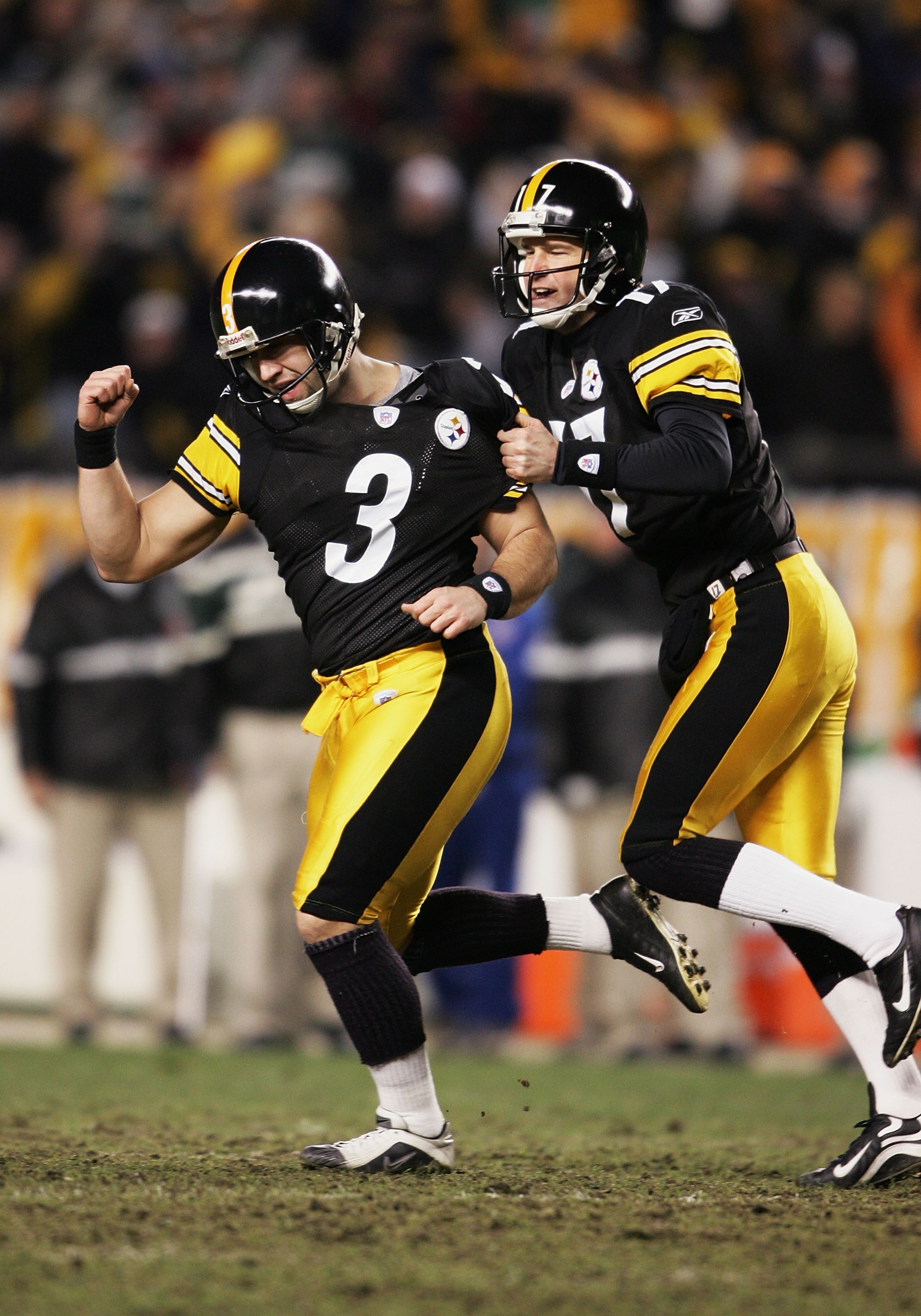 PITTSBURGH - JANUARY 15:  Place kicker Jeff Reed #3 and holder Chris Gardocki #17 of the Pittsburgh Steelers celebrate the game winning field goal against the New York Jets in an AFC divisional game at Heinz Field on January 15, 2005 in Pittsburgh, Pennsy