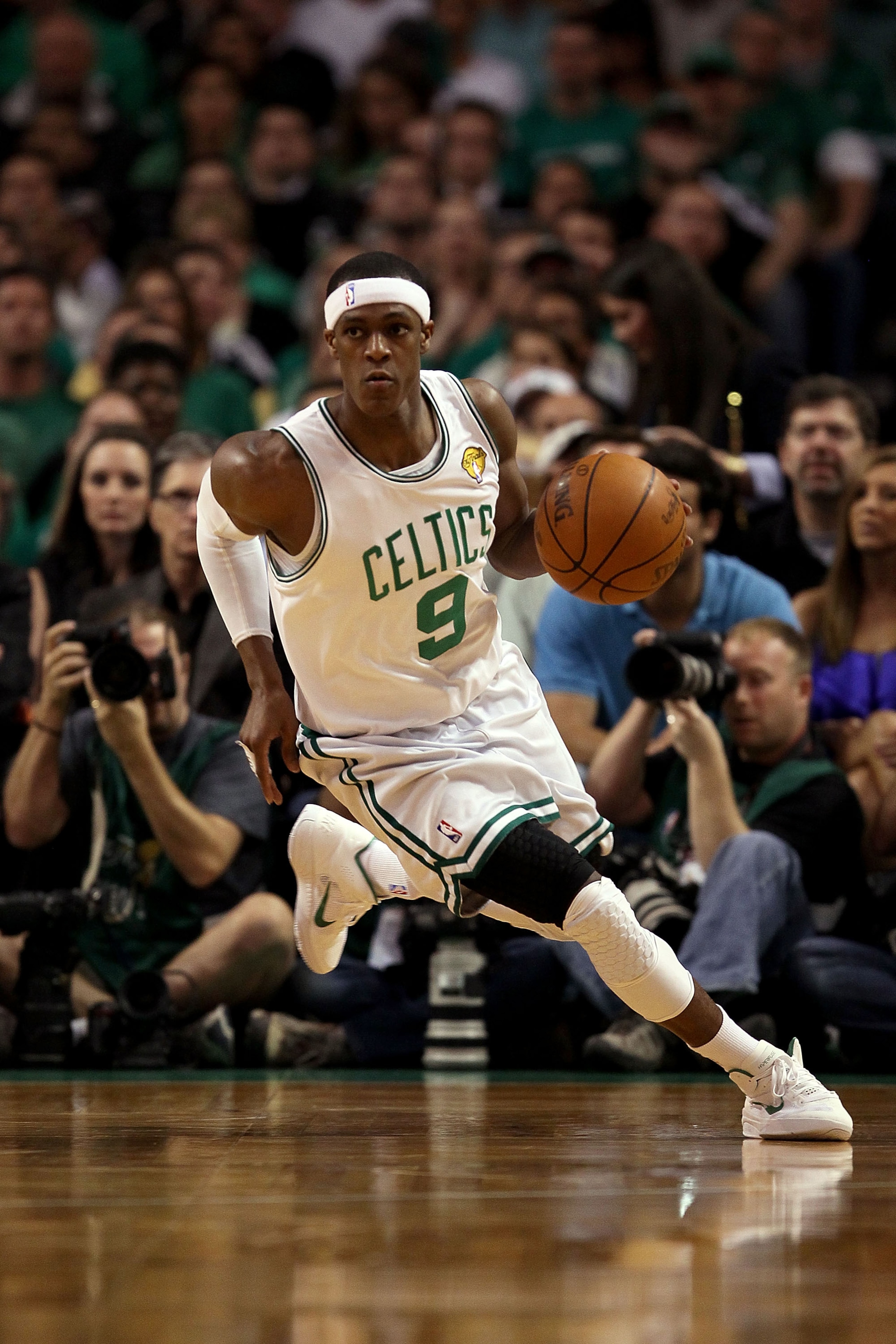 BOSTON - JUNE 13:  Rajon Rondo #9 of the Boston Celtics drives the ball upcourt against the Los Angeles Lakers in the second quarter during Game Five of the 2010 NBA Finals on June 13, 2010 at TD Garden in Boston, Massachusetts. NOTE TO USER: User express