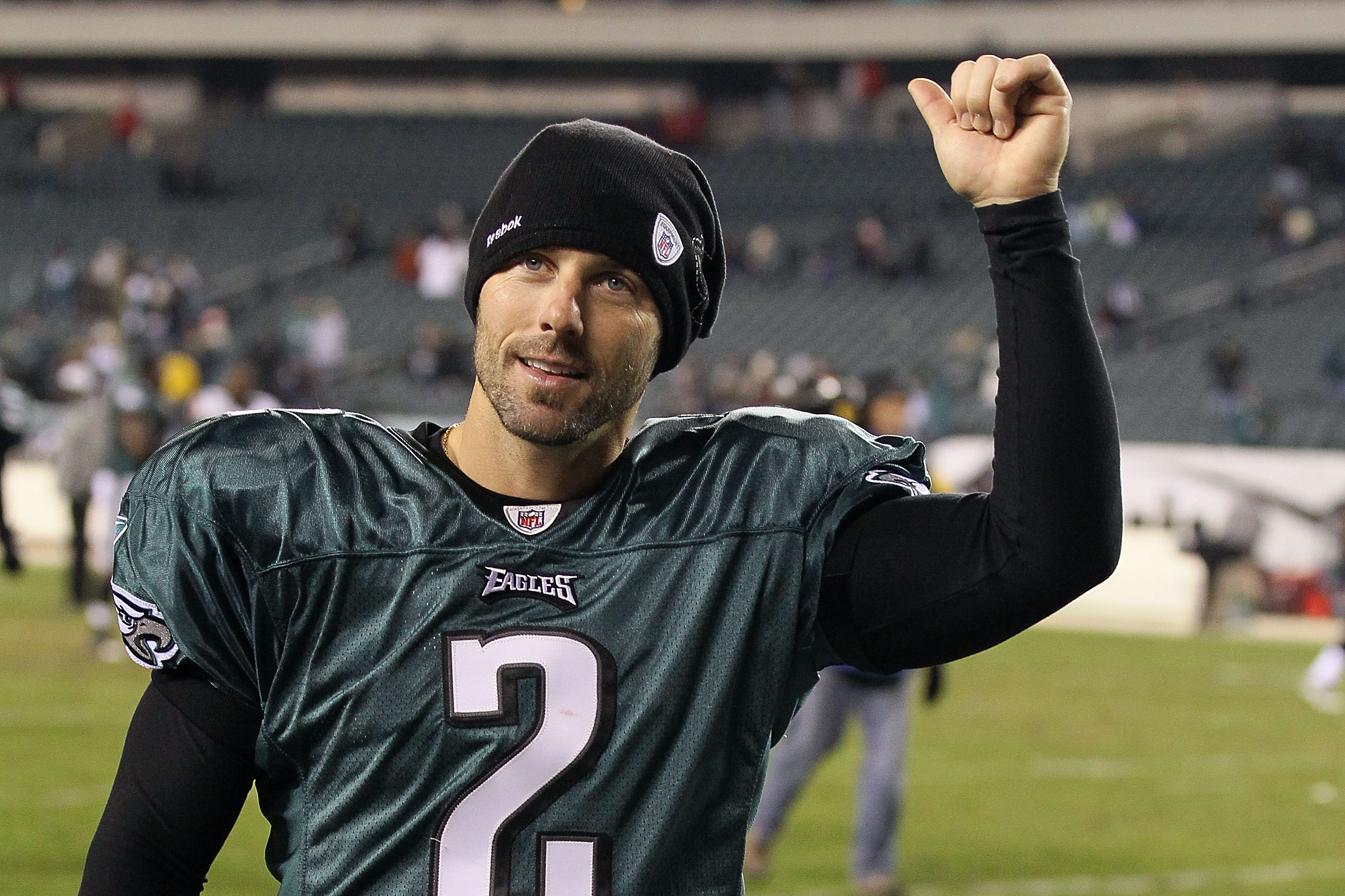 PHILADELPHIA, PA - DECEMBER 02:  David Akers #2 of the Philadelphia Eagles celebrates as he walks off the field after they won 34-24 against the Houston Texans at Lincoln Financial Field on December 2, 2010 in Philadelphia, Pennsylvania.  (Photo by Jim Mc