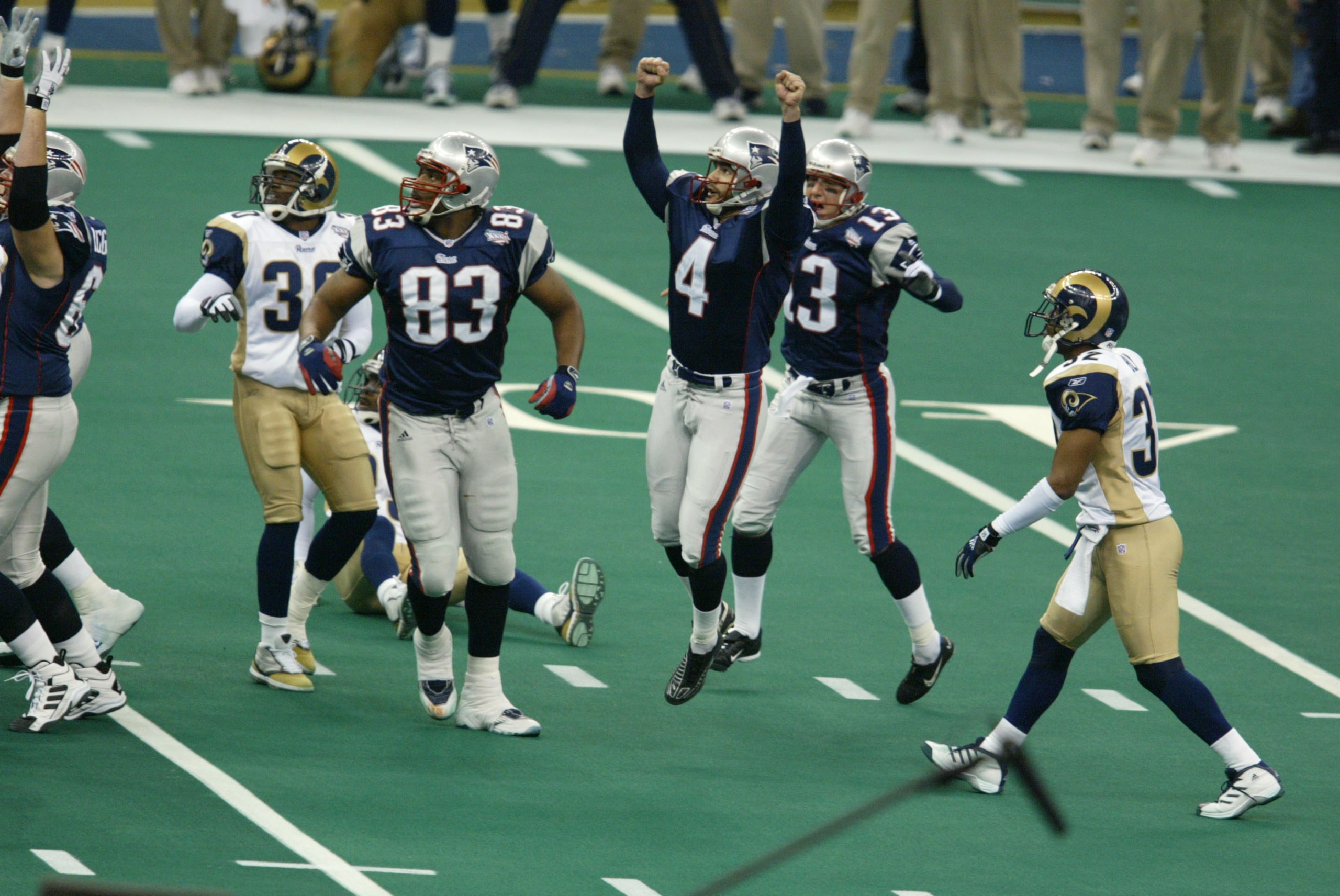 03 Feb 2002:  Adam Vinatieri #4 of the New England Patriots breaks  into celebration after kicking the game winning field goal against the St.Louis Rams during Superbowl XXXVI at the Superdome in New Orleans, Louisiana.  The Patriots defeated the Rams 20-