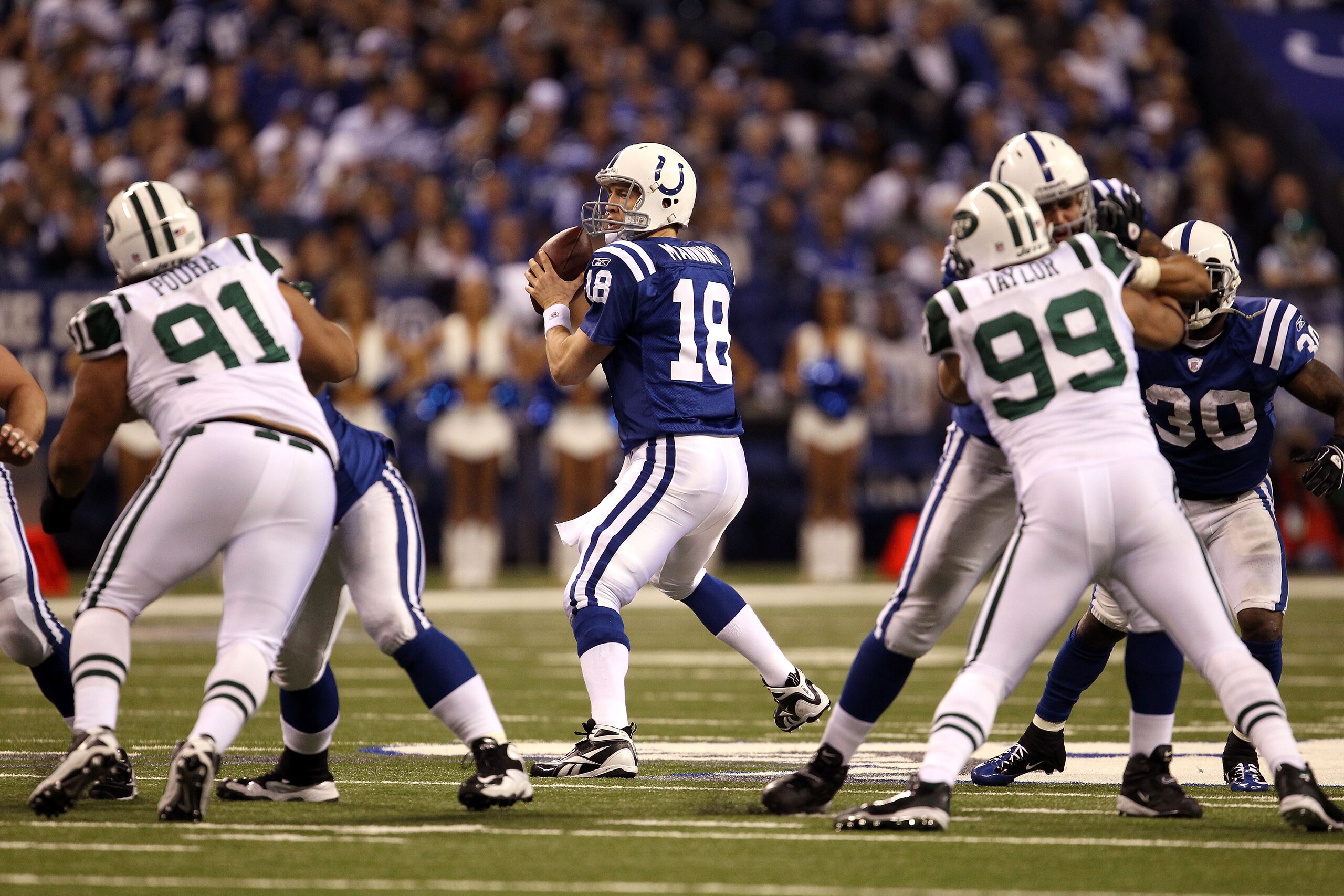 INDIANAPOLIS, IN - JANUARY 08:  Quarterback Peyton Manning #18 of the Indianapolis Colts looks to pass the ball against the New York Jets during their 2011 AFC wild card playoff game at Lucas Oil Stadium on January 8, 2011 in Indianapolis, Indiana. The Je