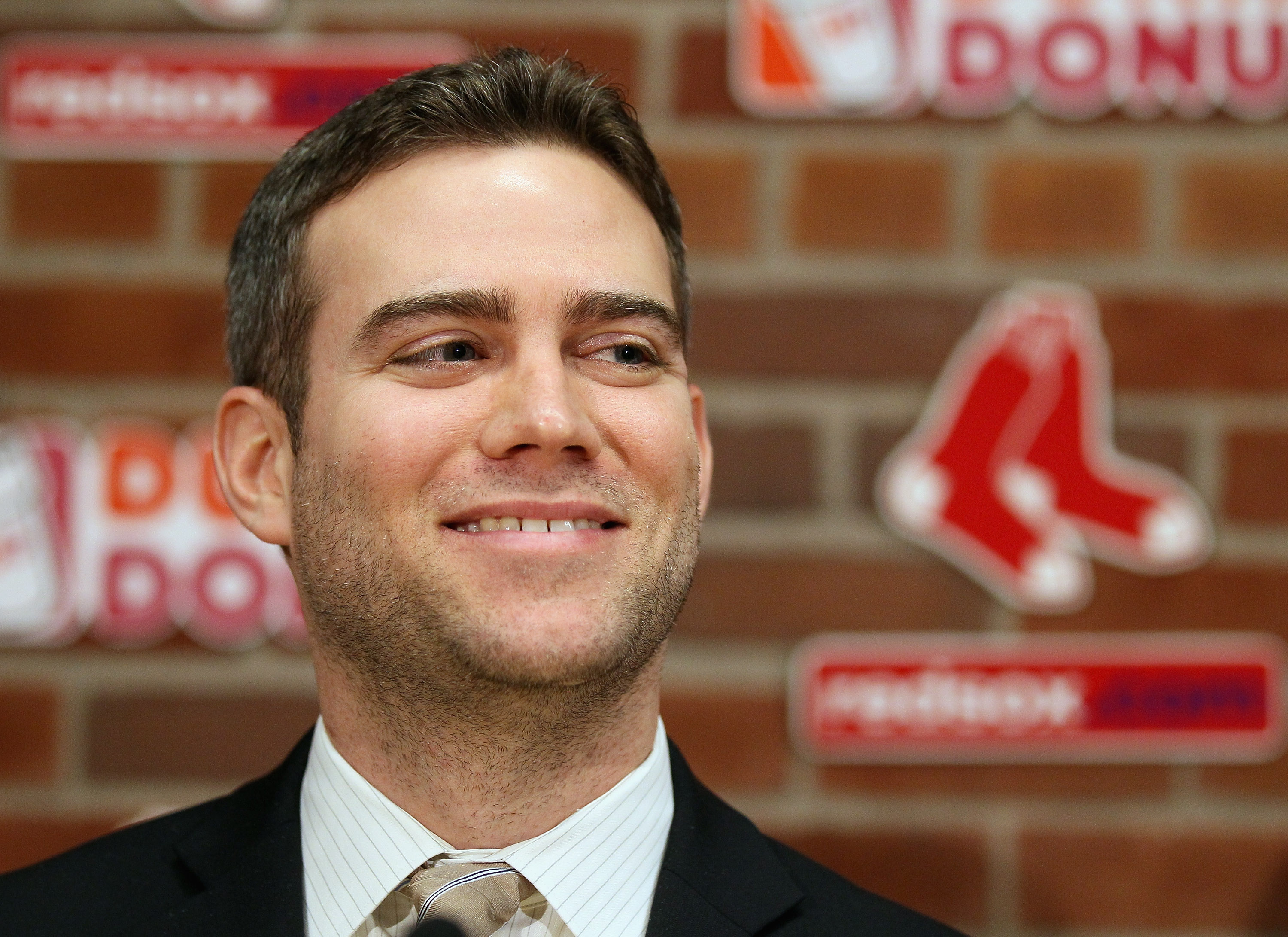 BOSTON, MA - DECEMBER 11:  Theo Epstein, general manager of the Boston Red Sox, answers questions about Carl Crawford during a press conference on December 11,  2010 at the Fenway Park in Boston, Massachusetts.  (Photo by Elsa/Getty Images)