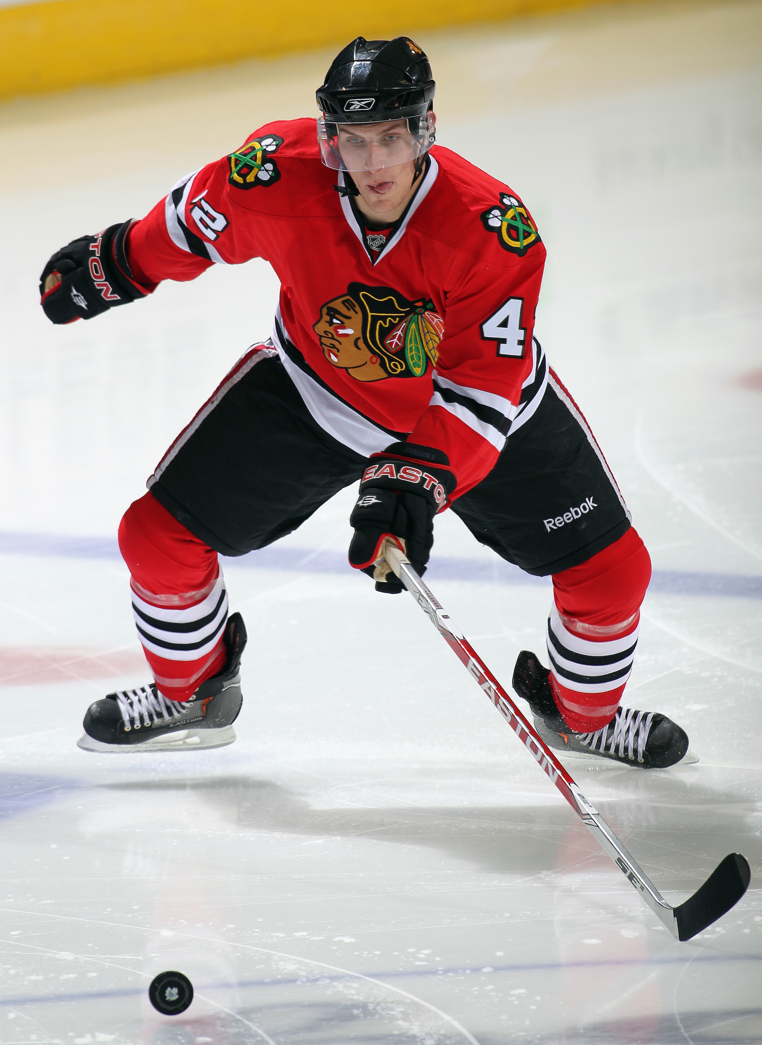 LONDON,ON - SEPTEMBER 12:  Shawn Lalonde #42 of the Chicago Black Hawks gets set to clear a puck in a game against the Ottawa Senators during the NHL Rookie Tournament on September 12,2010 at the John Labatt Centre in London, Ontario, Canada. The Senators