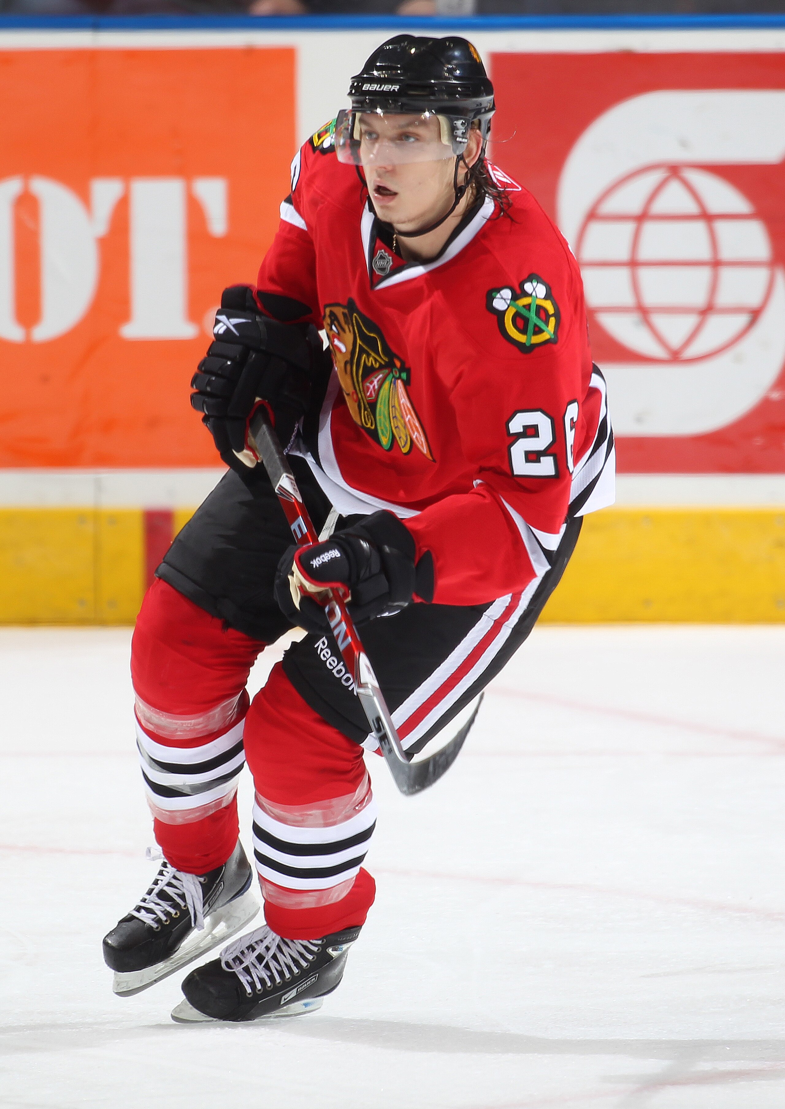 LONDON, CANADA - SEPTEMBER 11:  Igor Makarov #26 of the Chicago Black Hawks skates in a game against the Toronto Maple Leafs during the NHL Rookie Tournament on September 11,2010 at the John Labatt Centre in London,Ontario. The Leafs defeated the Hawks 6-