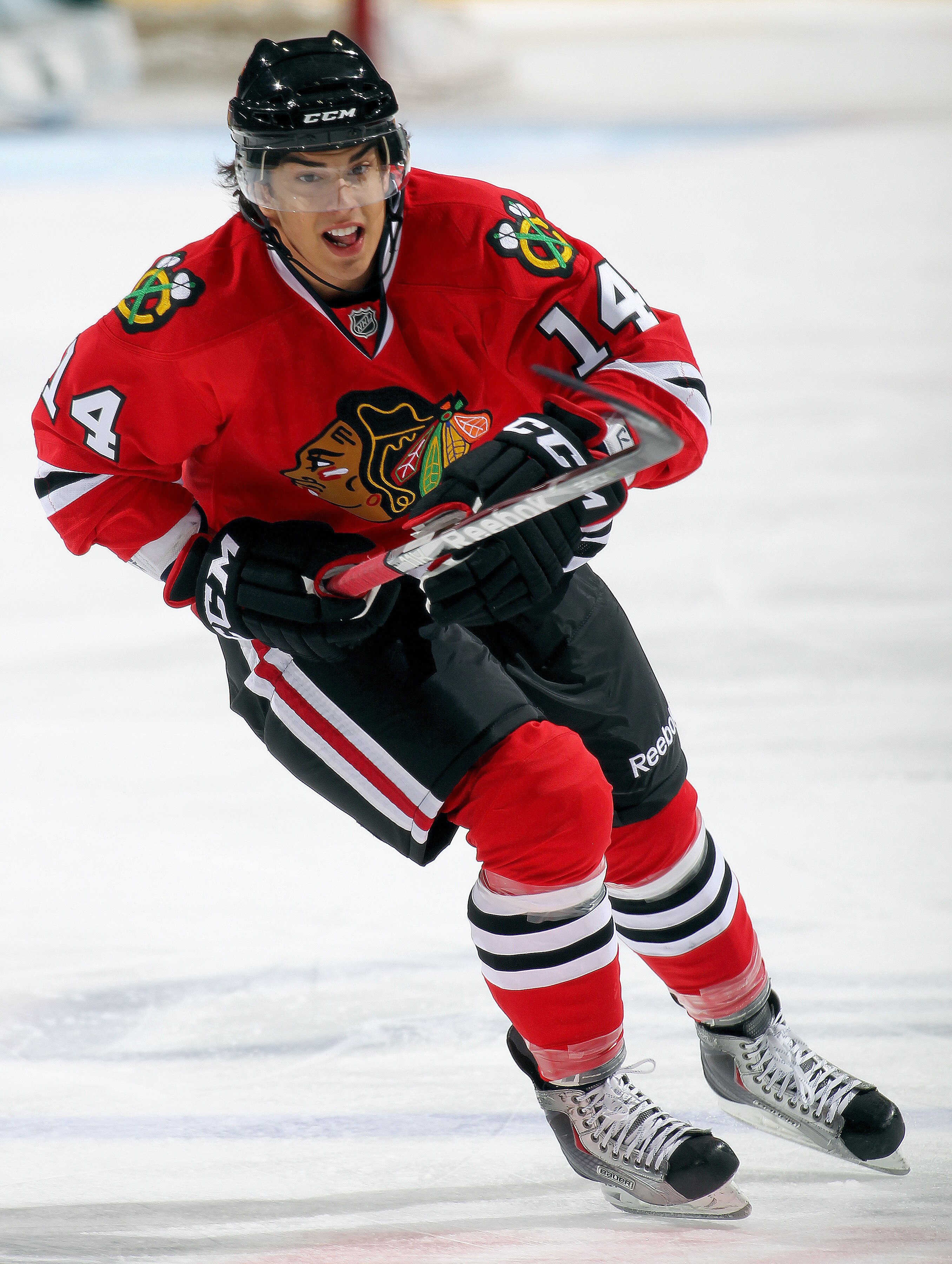 LONDON,ON - SEPTEMBER 14:  Brandon Pirri #14 of the Chicago Black Hawks skates in a game against the Pittsburgh Penguins during the NHL Rookie Tournament on September 14,2010 at the John Labatt Centre in London,Ontario. The Hawks defeated the Penguins 9-5