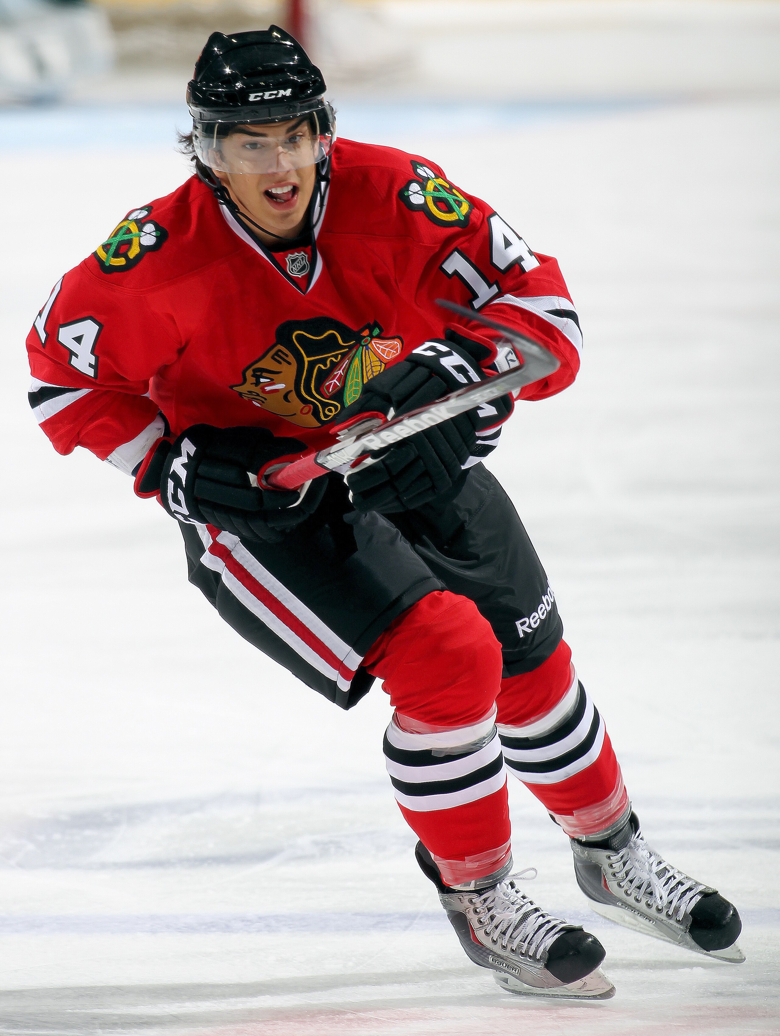 LONDON,ON - SEPTEMBER 14:  Brandon Pirri #14 of the Chicago Black Hawks skates in a game against the Pittsburgh Penguins during the NHL Rookie Tournament on September 14,2010 at the John Labatt Centre in London,Ontario. The Hawks defeated the Penguins 9-5