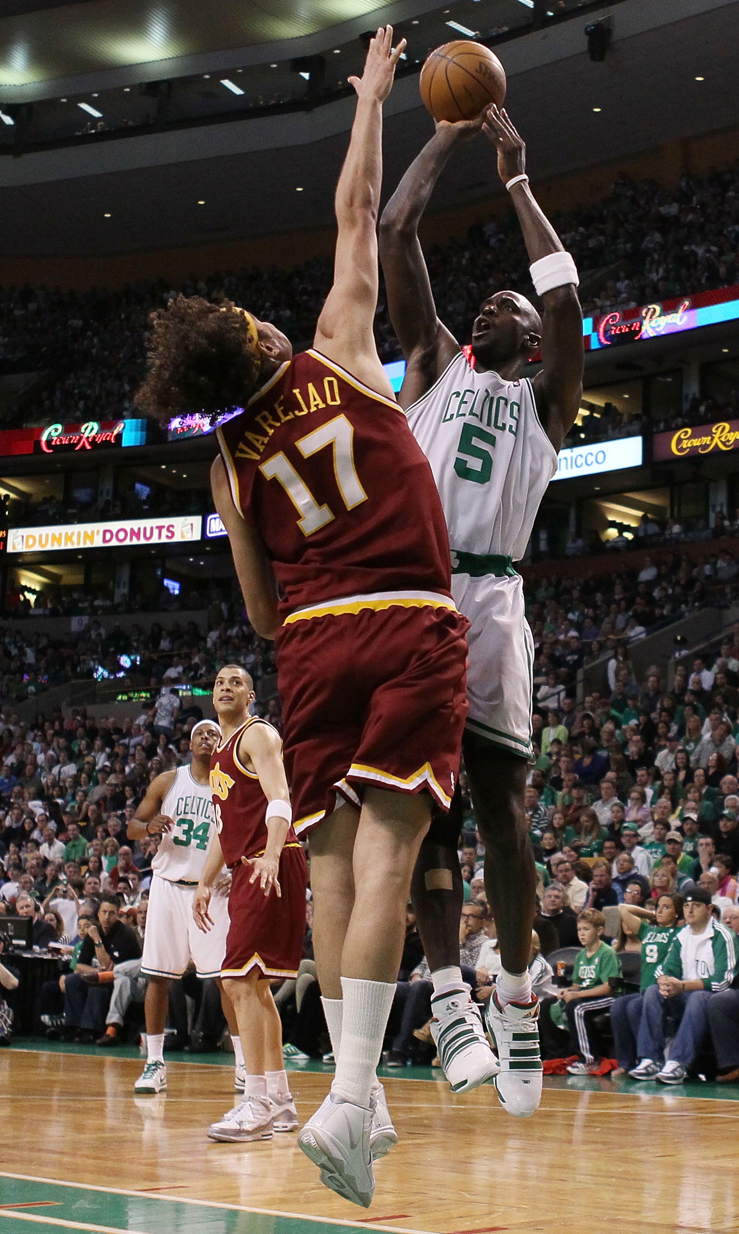 BOSTON - MAY 09:  Kevin Garnett #5 of the Boston Celtics takes a shot as Anderson Varejao #17 of the Cleveland Cavaliers defends during Game Four of the Eastern Conference Semifinals of the 2010 NBA playoffs at TD Garden on May 9, 2010 in Boston, Massachu