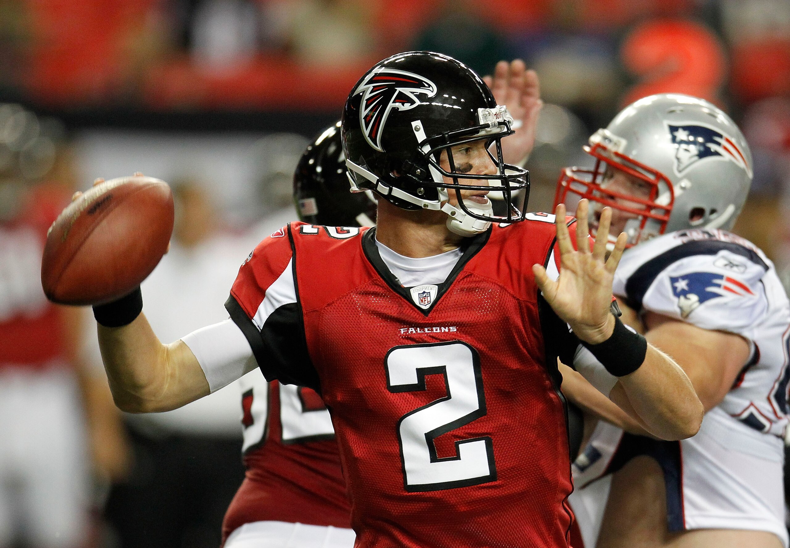 ATLANTA - AUGUST 19:  Quarterback Matt Ryan #2 of the Atlanta Falcons throws a pass during the preseason game against the New England Patriots at the Georgia Dome on August 19, 2010 in Atlanta, Georgia.  (Photo by Mike Zarrilli/Getty Images)