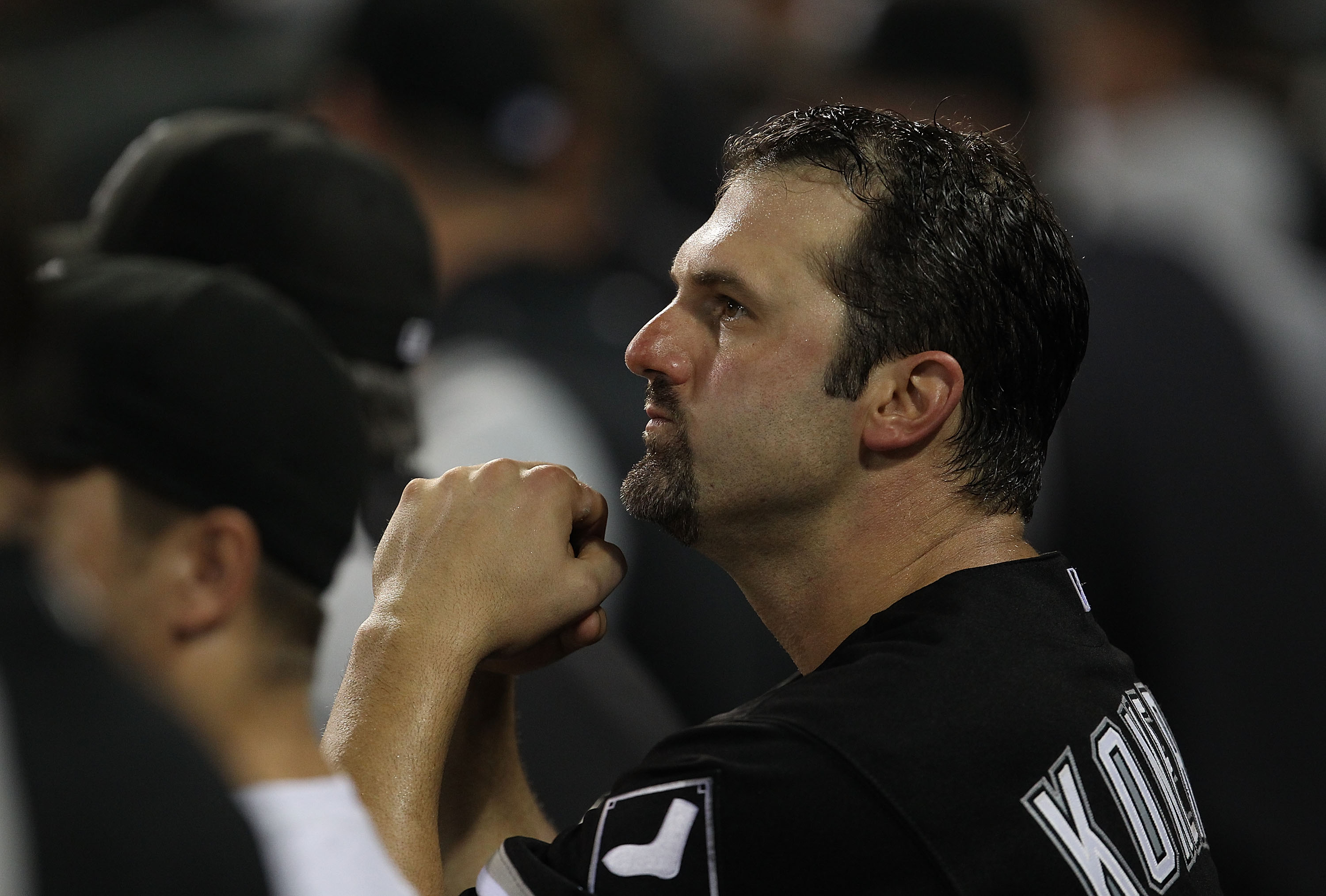 CHICAGO - AUGUST 10: Paul Konerko #14 of the Chicago White Sox watches from the dugout as his teammates take on the Minnesota Twins at U.S. Cellular Field on August 10, 2010 in Chicago, Illinois. The Twins defeated the White Sox 12-6. (Photo by Jonathan D