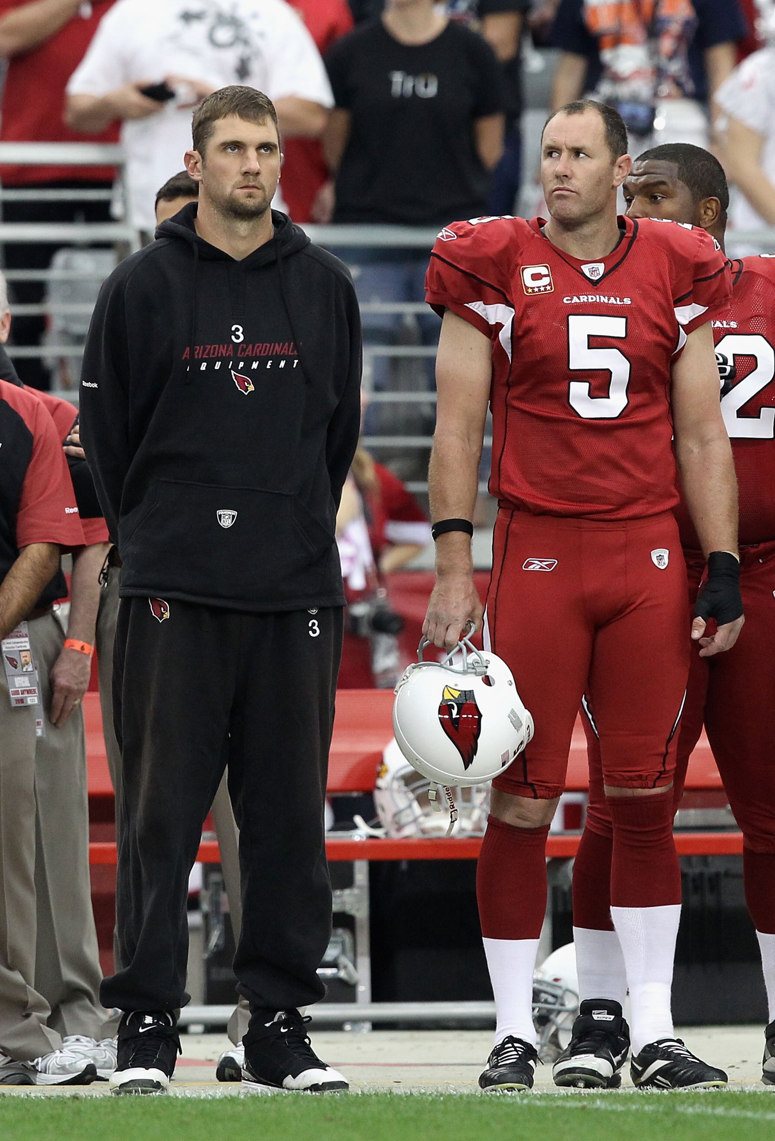 GLENDALE, AZ - DECEMBER 12:  Quarterback Derek Anderson #3 and Ben Graham #5 of the Arizona Cardinals stand attended for the National Anthem before the NFL game against the Denver Broncos at the University of Phoenix Stadium on December 12, 2010 in Glenda