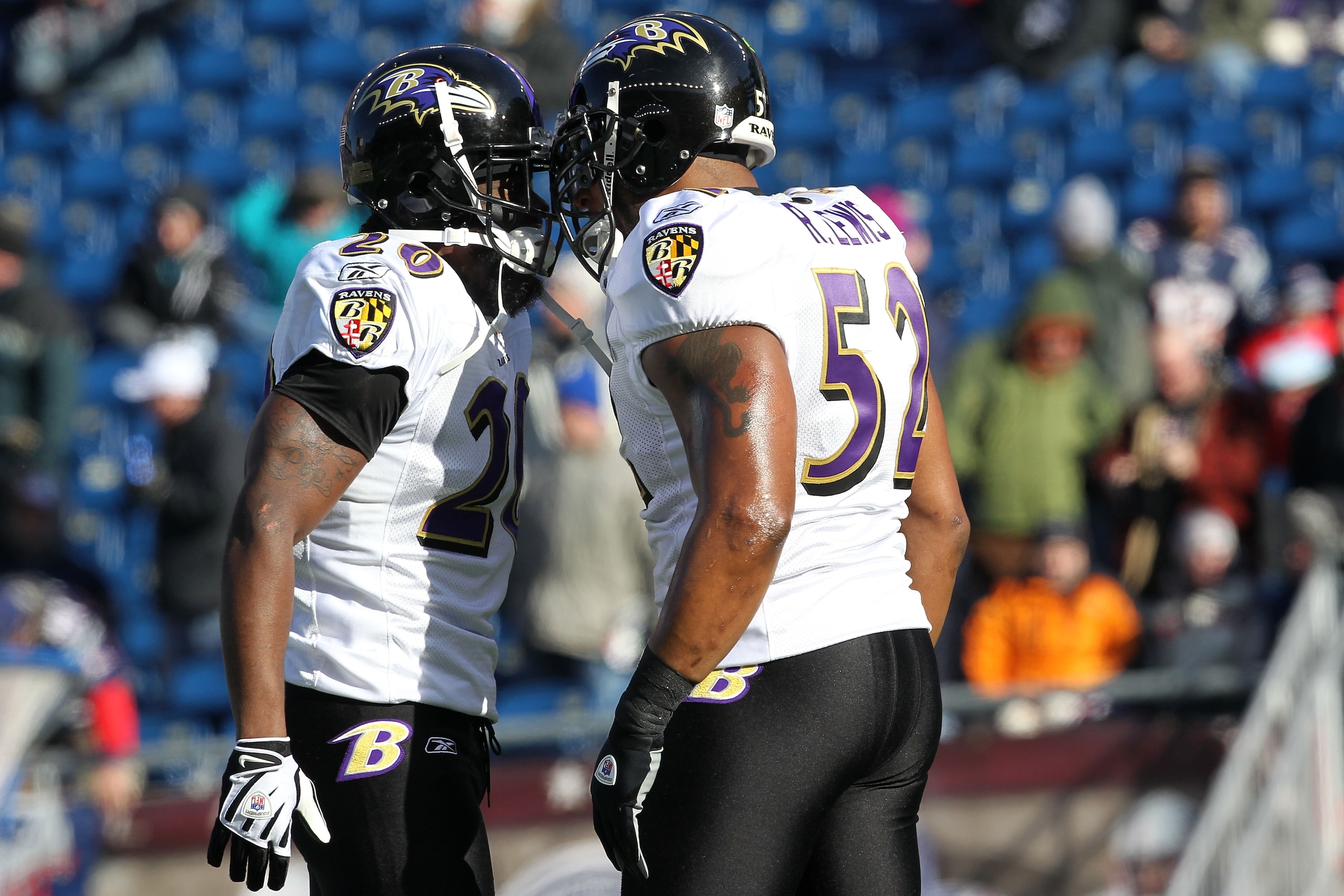 FOXBORO, MA - JANUARY 10:  (L-R) Ed Reed #20 and Ray Lewis #52 of the Baltimore Ravens talk on the field during warm ups against the New England Patriots during the 2010 AFC wild-card playoff game at Gillette Stadium on January 10, 2010 in Foxboro, Massac