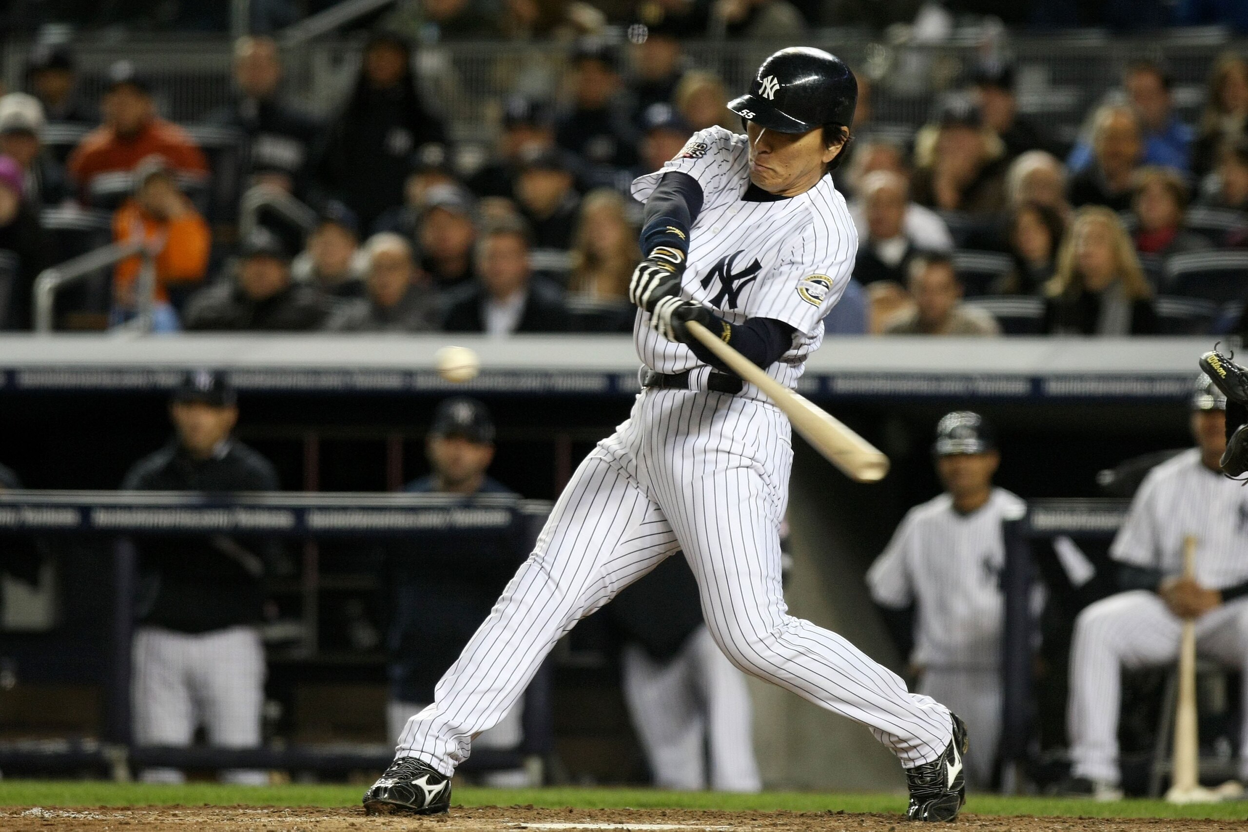 NEW YORK - NOVEMBER 04:  Hideki Matsui #55 of the New York Yankees bats against the Philadelphia Phillies in Game Six of the 2009 MLB World Series at Yankee Stadium on November 4, 2009 in the Bronx borough of New York City.  (Photo by Nick Laham/Getty Ima