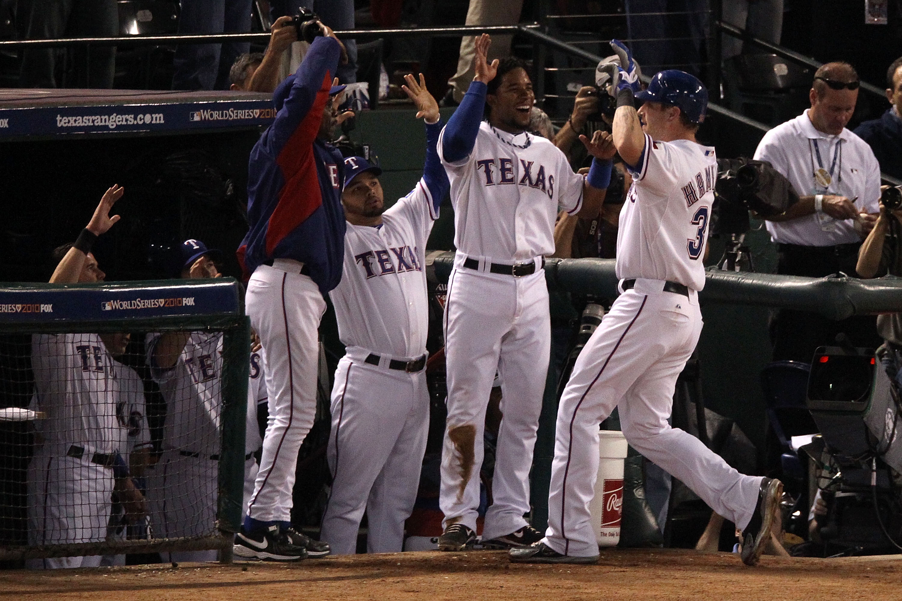 ARLINGTON, TX - OCTOBER 30:  Josh Hamilton #32 of the Texas Rangers celebrates his solo home run in the bottom of the fifth inning against the San Francisco Giants in Game Three of the 2010 MLB World Series at Rangers Ballpark in Arlington on October 30,