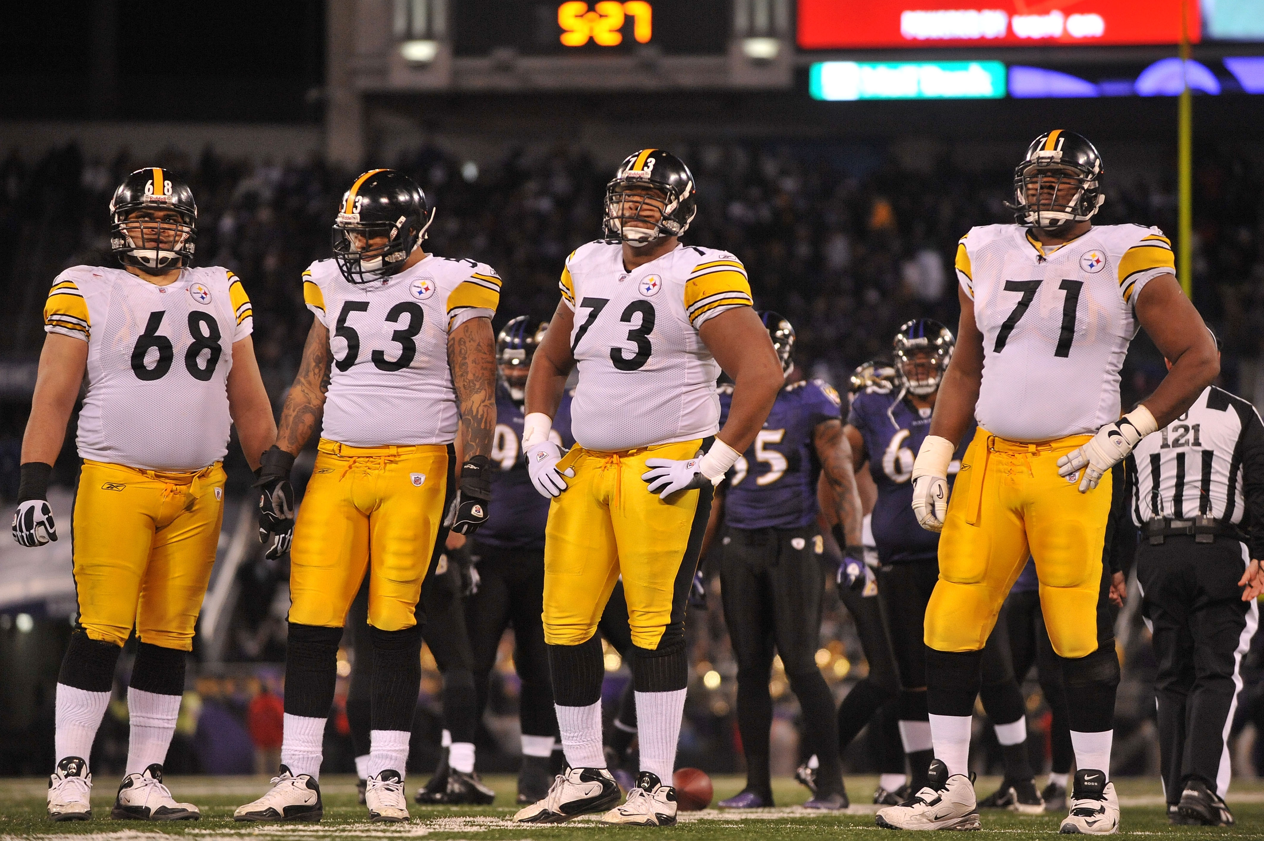 BALTIMORE, MD - DECEMBER 05: Chris Kemoeatu #68, Maurkice Pouncey #53, Ramon Foster #73 and Flozell Adams #71 of the Pittsburgh Steelers look on during the game against the Baltimore Ravens at M&T Bank Stadium on December 5, 2010 in Baltimore, Maryland. BALTIMORE, MD - DECEMBER 05: Chris Kemoeatu #68, Maurkice Pouncey #53, Ramon Foster #73 and Flozell Adams #71 of the Pittsburgh Steelers look on during the game against the Baltimore Ravens at M&T Bank Stadium on December 5, 2010 in Baltimore, Maryland.