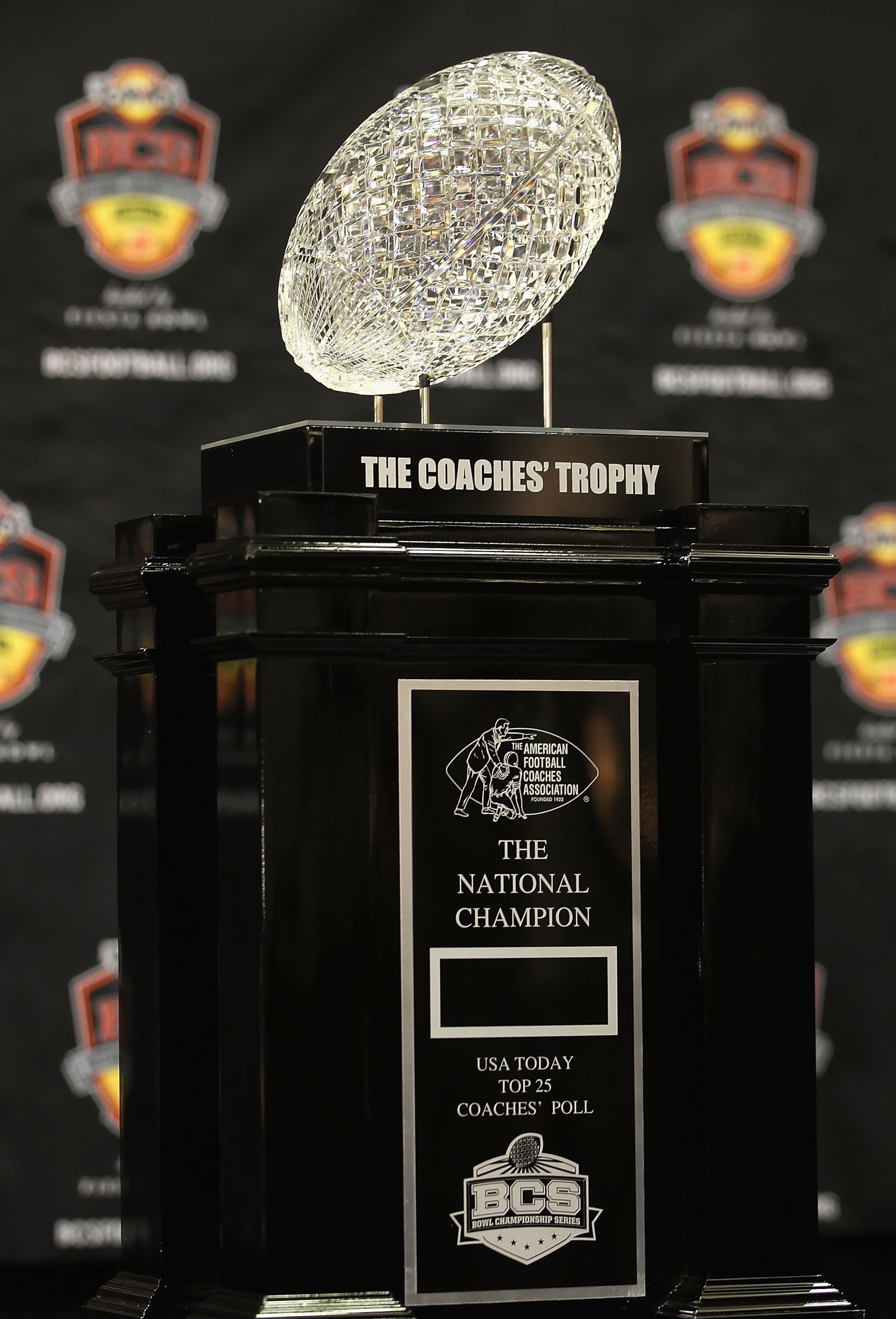 SCOTTSDALE, AZ - JANUARY 07: The coaches trophy is displayed during Media Day for the Tostitos BCS National Championship Game at the JW Marriott Camelback Inn on January 7, 2011 in Scottsdale, Arizona. (Photo by Christian Petersen/Getty Images) SCOTTSDALE, AZ - JANUARY 07: The coaches trophy is displayed during Media Day for the Tostitos BCS National Championship Game at the JW Marriott Camelback Inn on January 7, 2011 in Scottsdale, Arizona. (Photo by Christian Petersen/Getty Images)