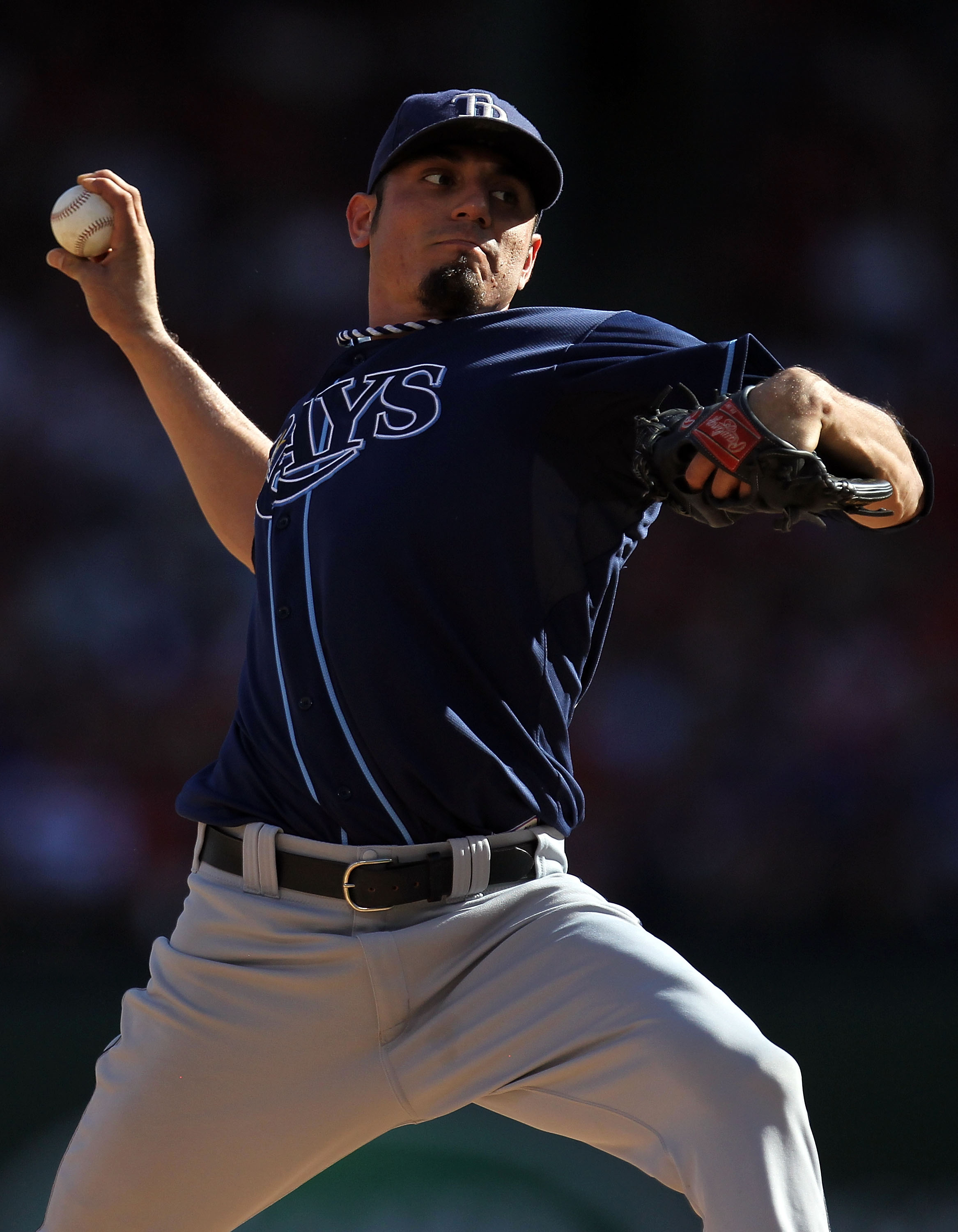 ARLINGTON, TX - OCTOBER 09:  Pitcher Matt Garza #22 of the Tampa Bay Rays throws against the Texas Rangers during game 3 of the ALDS at Rangers Ballpark in Arlington on October 9, 2010 in Arlington, Texas.  (Photo by Ronald Martinez/Getty Images)