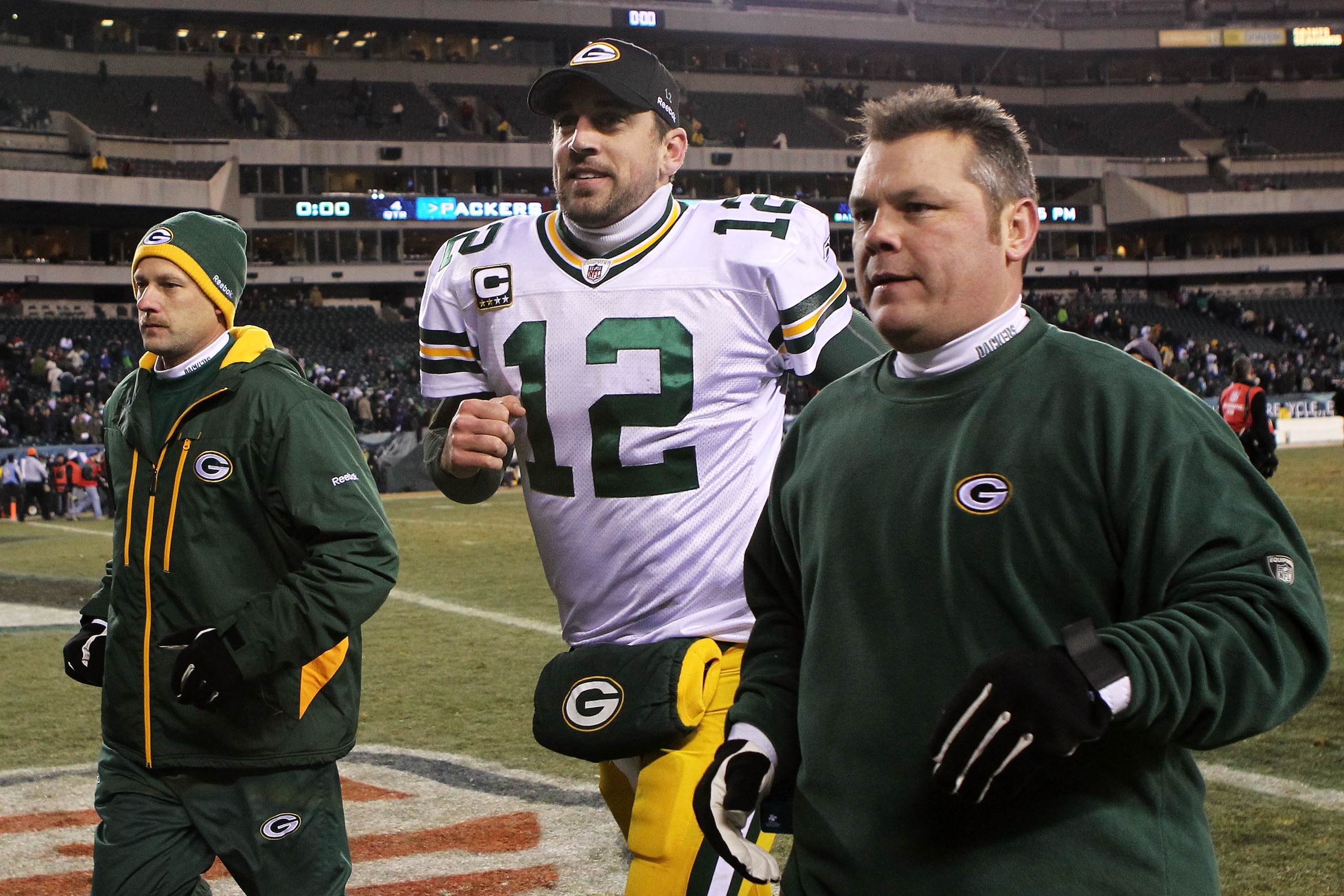 PHILADELPHIA, PA - JANUARY 09:  Aaron Rodgers #12 of the Green Bay Packers leaves the field after their 21 to 16 win over the Philadelphia Eagles during the 2011 NFC wild card playoff game at Lincoln Financial Field on January 9, 2011 in Philadelphia, Pen