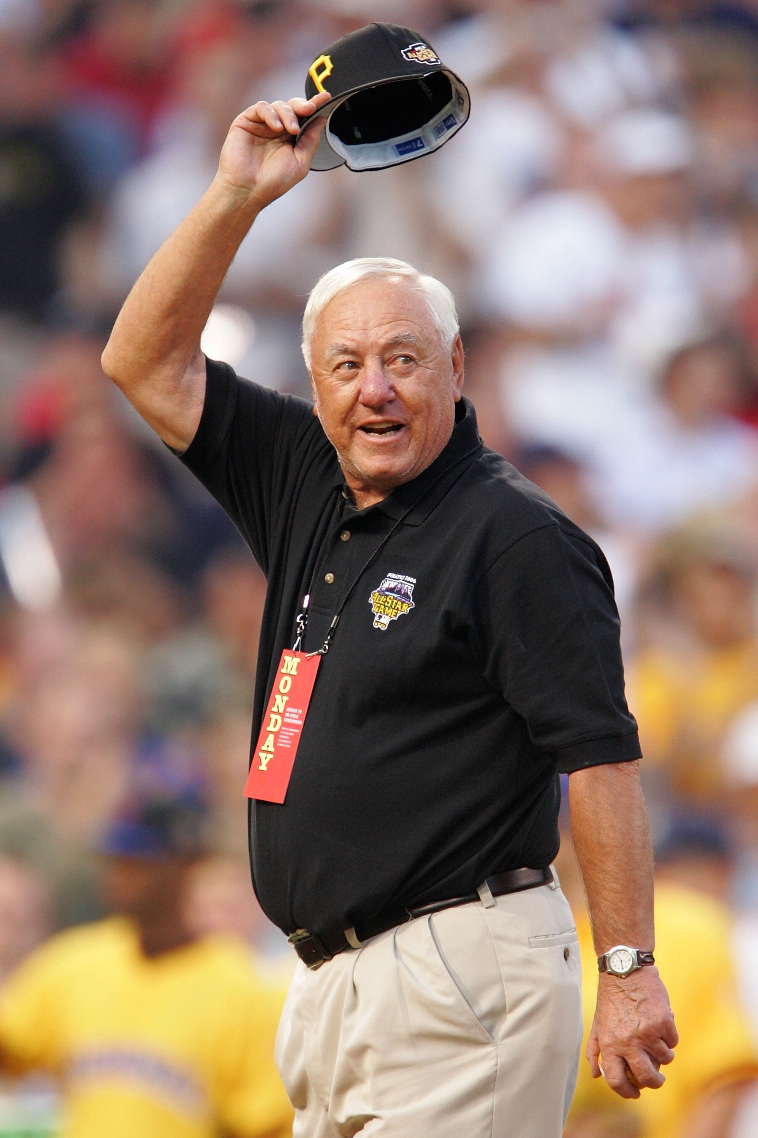 PITTSBURGH - JULY 10:  Former Pittsburgh Pirate Bill Mazeroski waves to the crowd before the start of the CENTURY 21 Home Run Derby at PNC Park on July 10, 2006 in Pittsburgh, Pennsylvania.  (Photo by Jamie Squire/Getty Images)