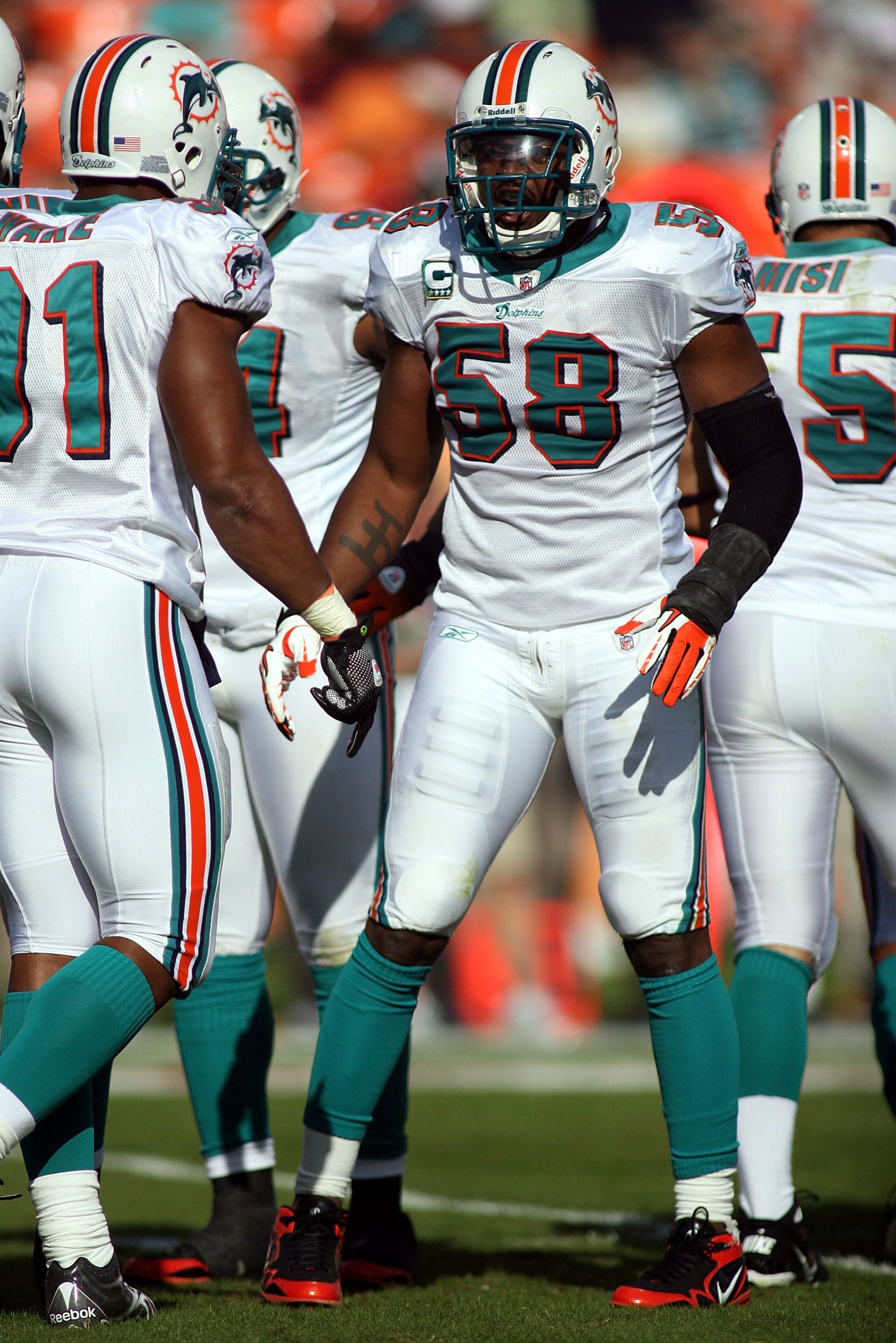 MIAMI - DECEMBER 19: Linebacker Karlos Dansby #58 of the Miami Dolphins against the Buffalo Bills at Sun Life Stadium on December 19, 2010 in Miami, Florida. The Bills defeated the Dolphins 17-14.  (Photo by Marc Serota/Getty Images)