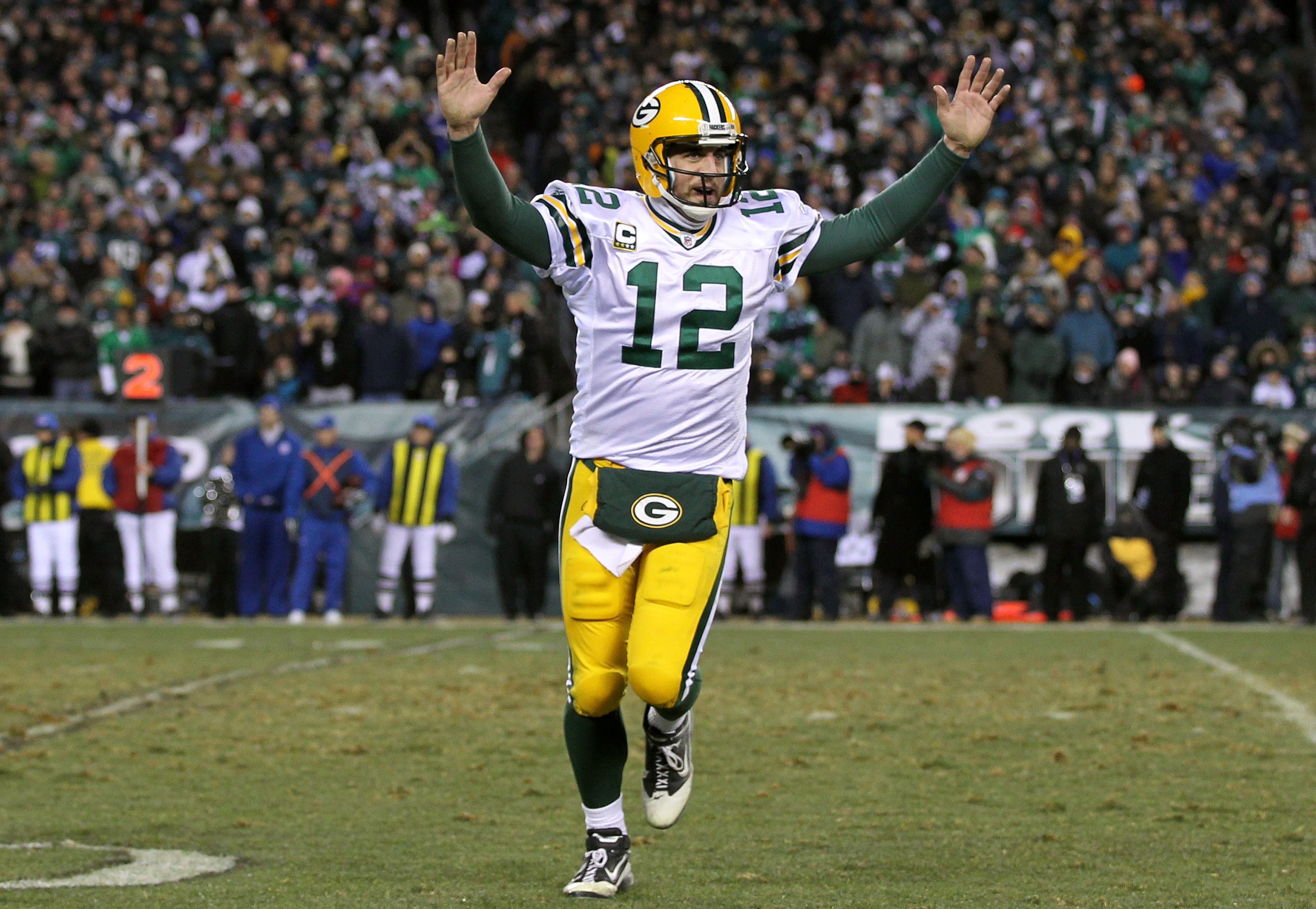 PHILADELPHIA, PA - JANUARY 09:  Aaron Rodgers #12 of the Green Bay Packers celebrates after a touchdown in the third quarter against the Philadelphia Eagles during the 2011 NFC wild card playoff game at Lincoln Financial Field on January 9, 2011 in Philad