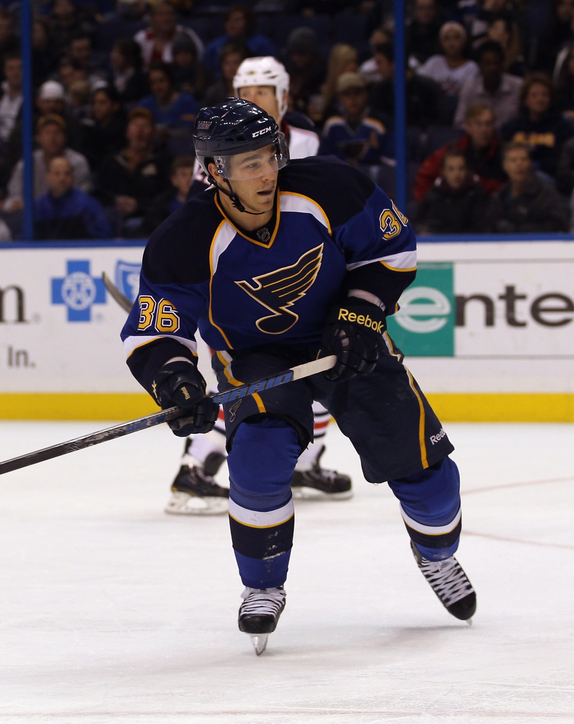 ST LOUIS, MO - DECEMBER 09:  Matt D'Agostini #36 of the St. Louis Blues skates against the Columbus Blue Jackets at the Scottrade Center on December 9, 2010 in St Louis, Missouri. The Blues defeated The Blue Jackets 4-1.  (Photo by Bruce Bennett/Getty Ima