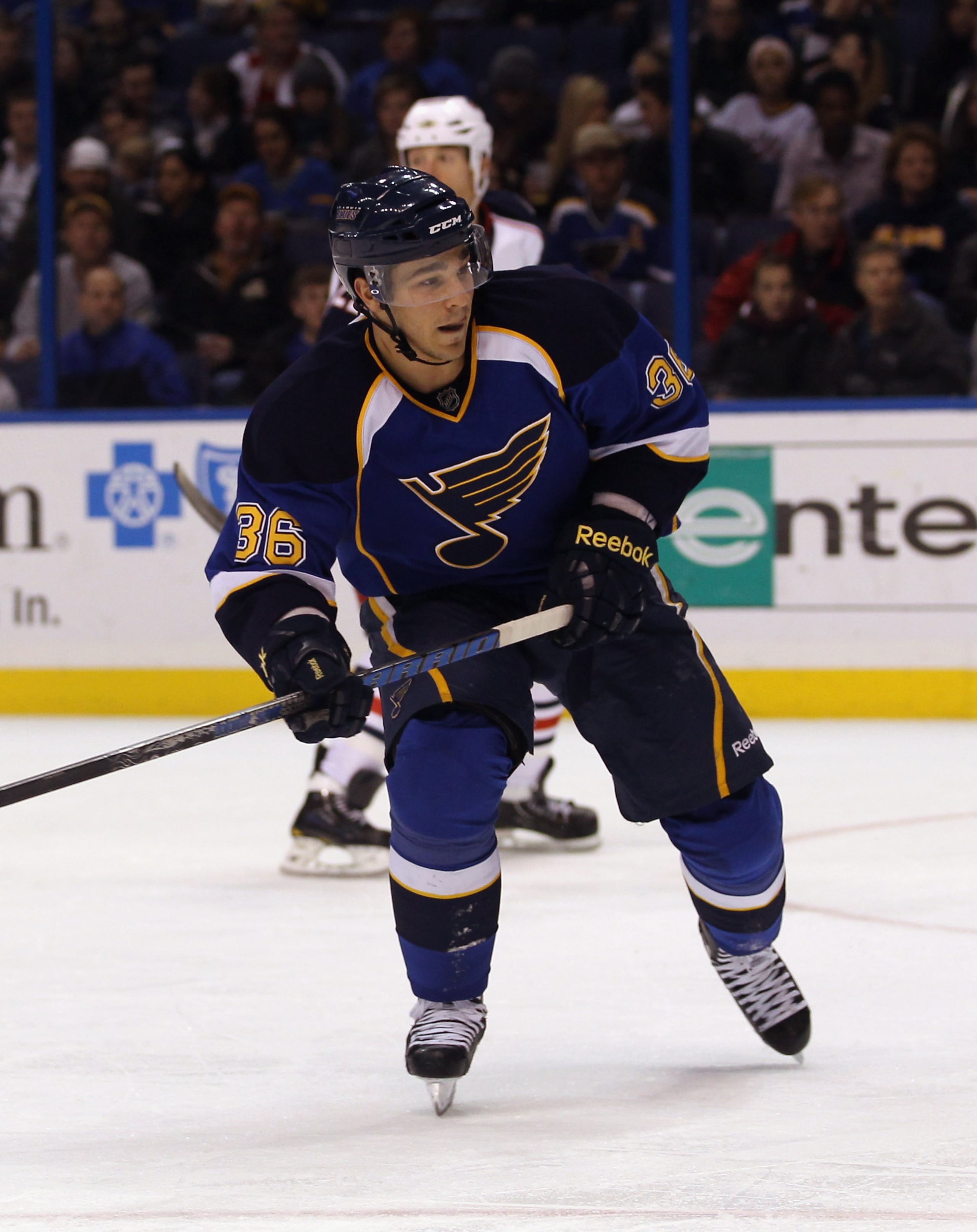 ST LOUIS, MO - DECEMBER 09: Matt D'Agostini #36 of the St. Louis Blues skates against the Columbus Blue Jackets at the Scottrade Center on December 9, 2010 in St Louis, Missouri. The Blues defeated The Blue Jackets 4-1. (Photo by Bruce Bennett/Getty Ima ST LOUIS, MO - DECEMBER 09: Matt D'Agostini #36 of the St. Louis Blues skates against the Columbus Blue Jackets at the Scottrade Center on December 9, 2010 in St Louis, Missouri. The Blues defeated The Blue Jackets 4-1. (Photo by Bruce Bennett/Getty Ima
