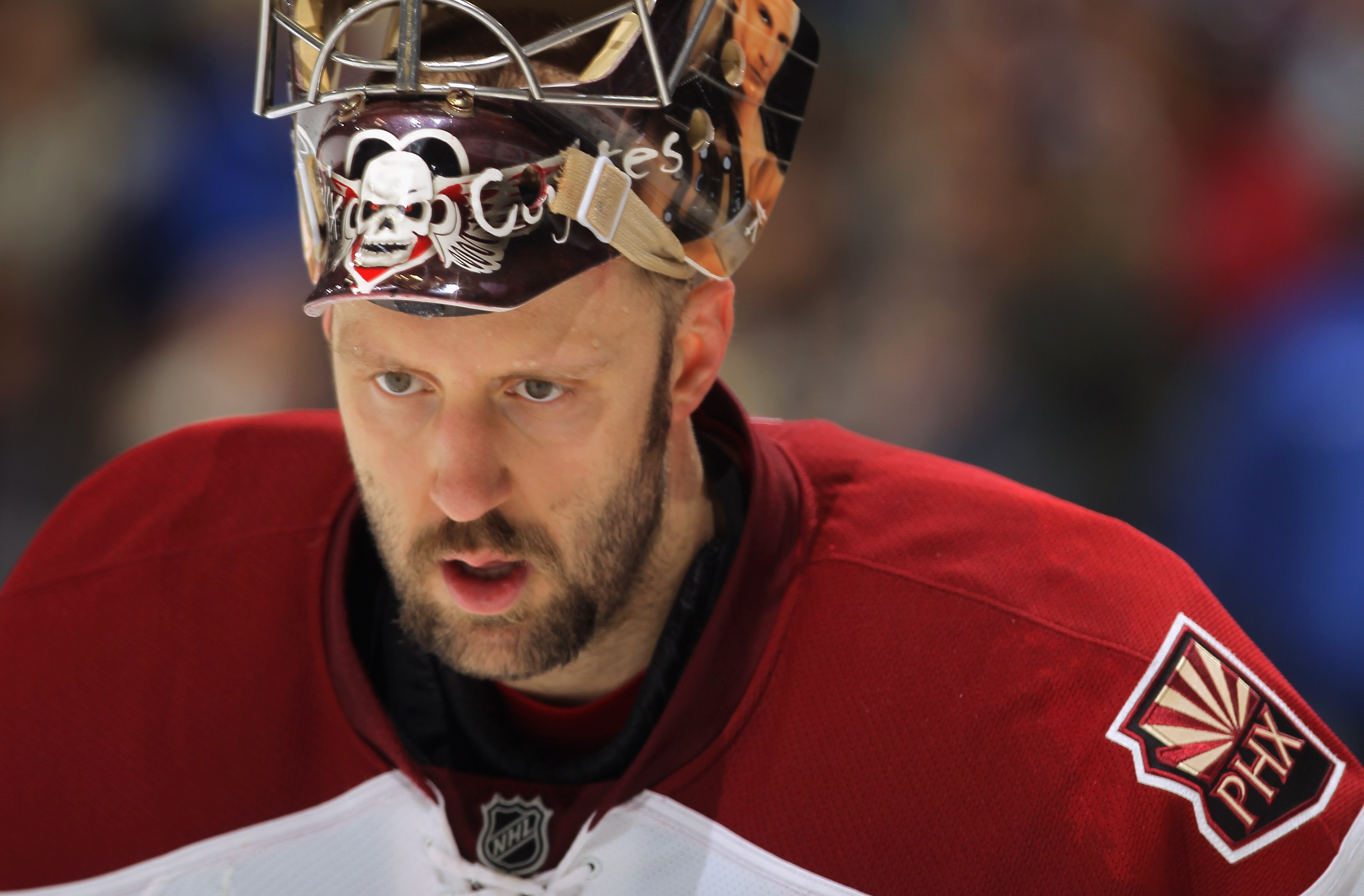 DENVER - JANUARY 06:  Goalie Jason LaBarbera #1 of the Phoenix Coyotes looks on during a break in the action against the Colorado Avalanche at the Pepsi Center on January 6, 2011 in Denver, Colorado. LaBarbera had 34 saves as the Coyotes defeated the Aval