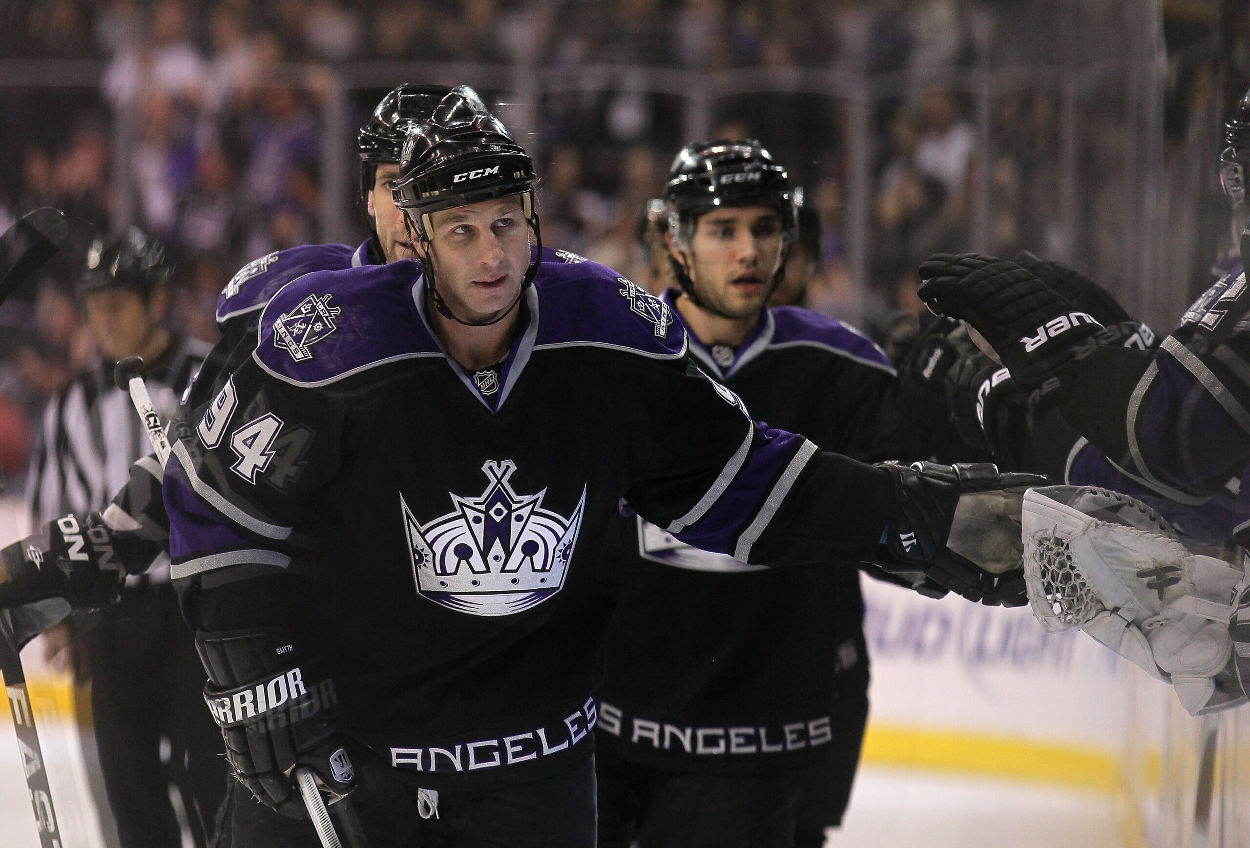 LOS ANGELES, CA - DECEMBER 30: Ryan Smyth #91 of the Los Angeles Kings is greeted by teammates on the bench after scoring a first period goal against the Philadelphia Flyers at Staples Center on December 30, 2010 in Los Angeles, California. The Flyers LOS ANGELES, CA - DECEMBER 30: Ryan Smyth #91 of the Los Angeles Kings is greeted by teammates on the bench after scoring a first period goal against the Philadelphia Flyers at Staples Center on December 30, 2010 in Los Angeles, California. The Flyers