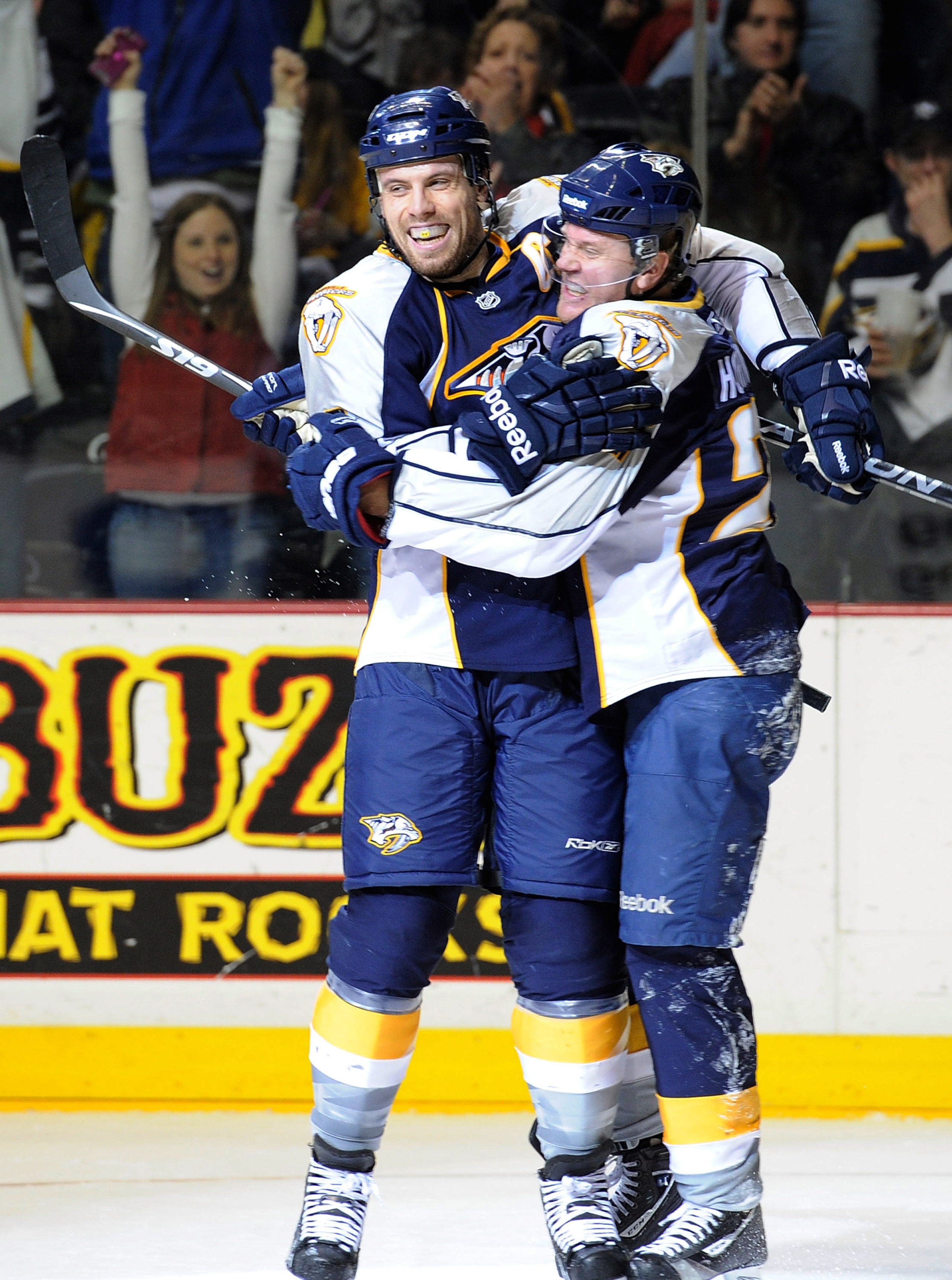 NASHVILLE, TN - JANUARY 02: Shea Weber #6 of the Nashville Predators congratulates teammate Patric Hornqvist #27 on scoring a goal against the Columbus Blue Jackets on January 2, 2011 at the Bridgestone Arena in Nashville, Tennessee. (Photo by Frederick NASHVILLE, TN - JANUARY 02: Shea Weber #6 of the Nashville Predators congratulates teammate Patric Hornqvist #27 on scoring a goal against the Columbus Blue Jackets on January 2, 2011 at the Bridgestone Arena in Nashville, Tennessee. (Photo by Frederick